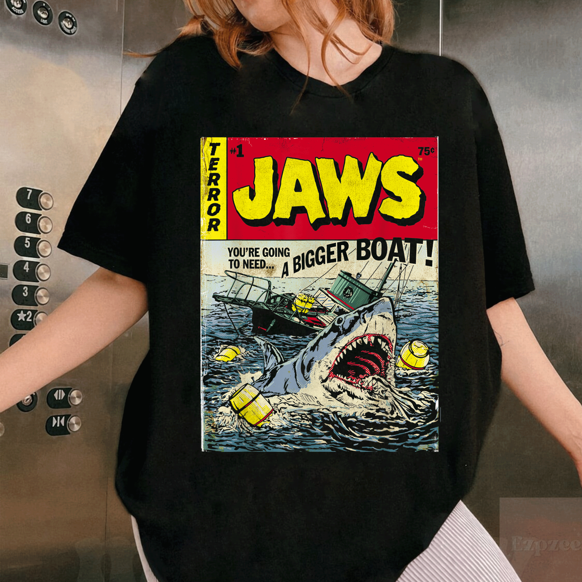 Jaws Pulp Attack Comic Cover T-Shirt for Shark Lovers - Unique Graphic Tee Featuring Bold Vintage Artwork Design - 1