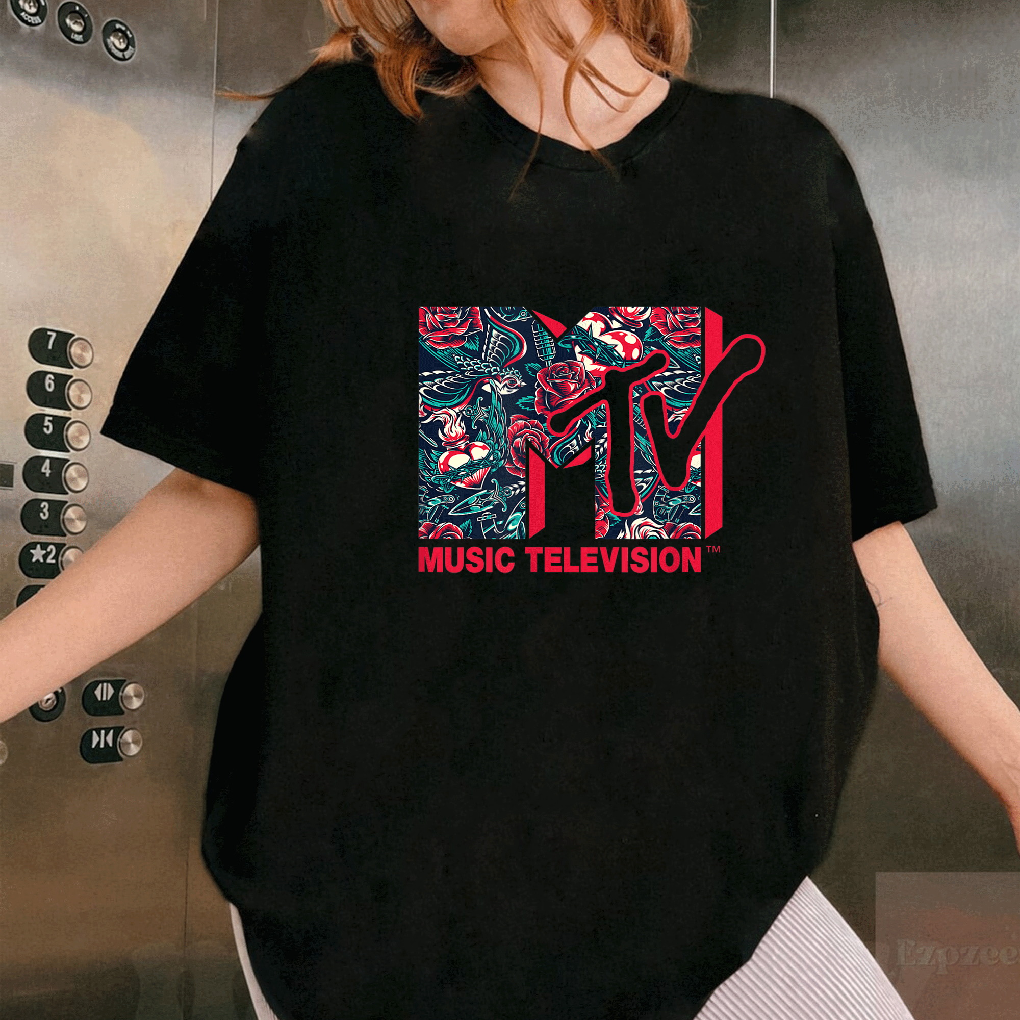 Mademark x MTV Official Logo T-Shirt in Roses and Tattoo Style - Trendy Graphic Tee for Music Lovers and Fashion Enthusiasts - 1