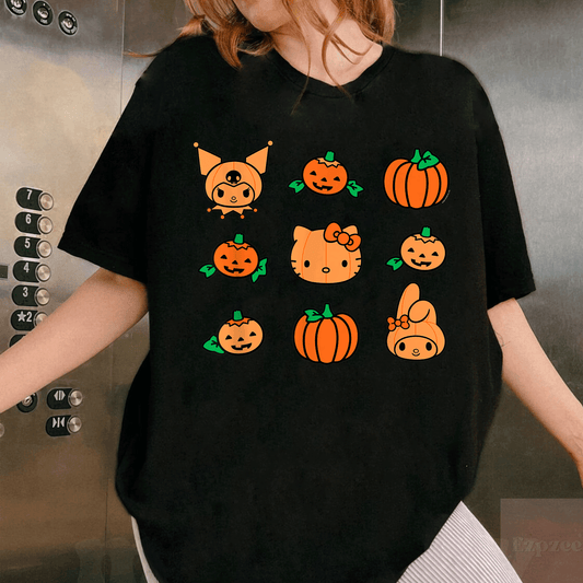 Cute Hello Kitty My Melody Kuromi Pumpkins Halloween T-Shirt for Kids and Adults - Fun Festive Style for All Celebrations - 1