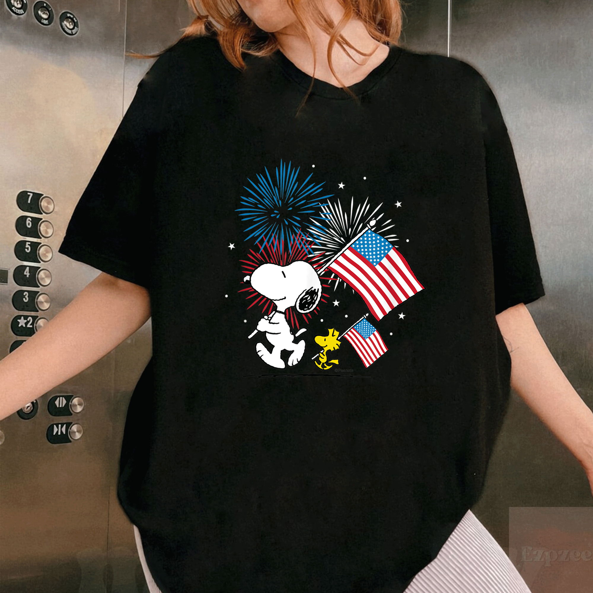 Snoopy and Woodstock American Flags T-Shirt - Fun Peanuts Graphic Tee for Casual Style and Fans of All Ages - 1