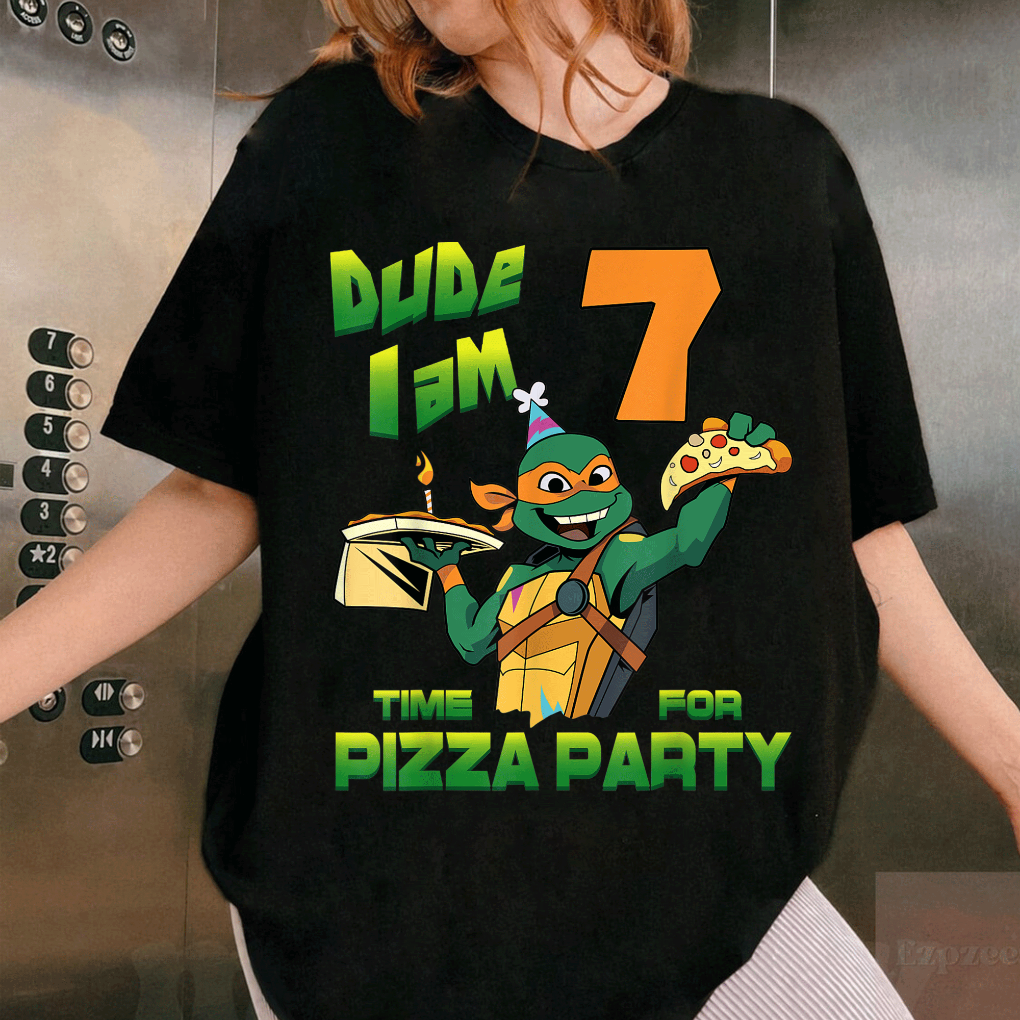 Mademark x TMNT Mikey Pizza Birthday T-Shirt for 7 Year Olds - Fun and Colorful Party Tee for Little Heroes - 1