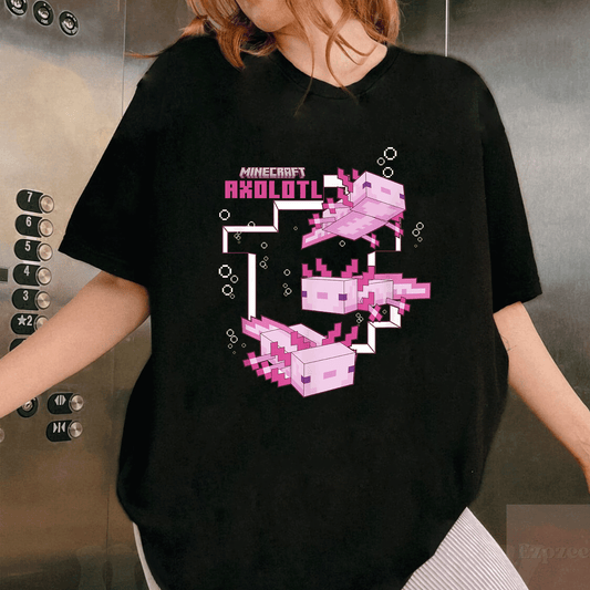 Cute Minecraft Pink Axolotl Pond T-Shirt for Kids and Adults - Perfect Gift for Gaming Fans and Animal Lovers - 1