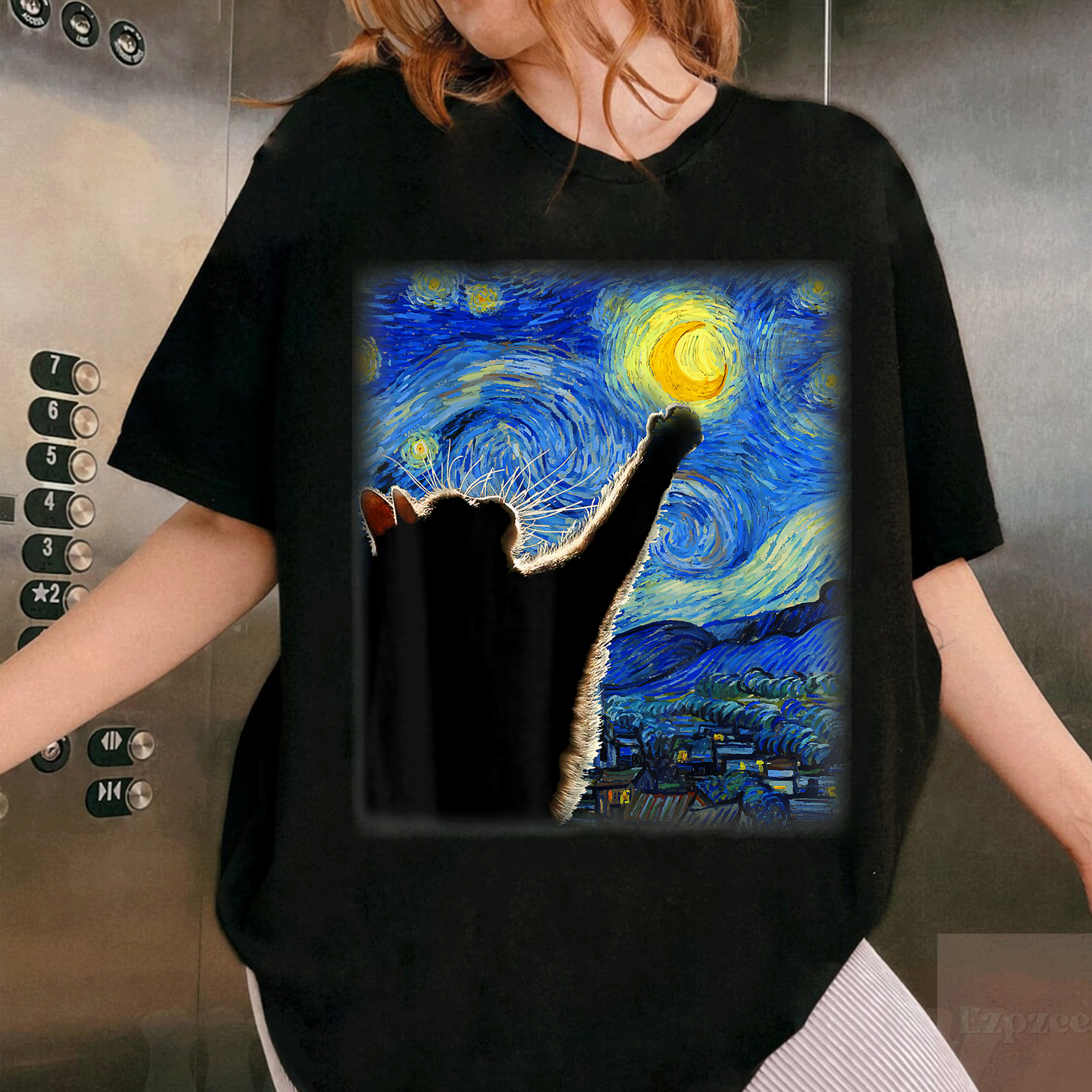 Starry Night Cat T-Shirt for Cat Lovers – Van Gogh Inspired Design for Cat Moms and Dads, Perfect Gift for Feline Fans - 1