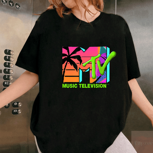 Mademark x MTV Retro Palms in Paradise T-Shirt Featuring the Iconic MTV Logo - Fun and Stylish Summer Wear for Music Lovers - 1