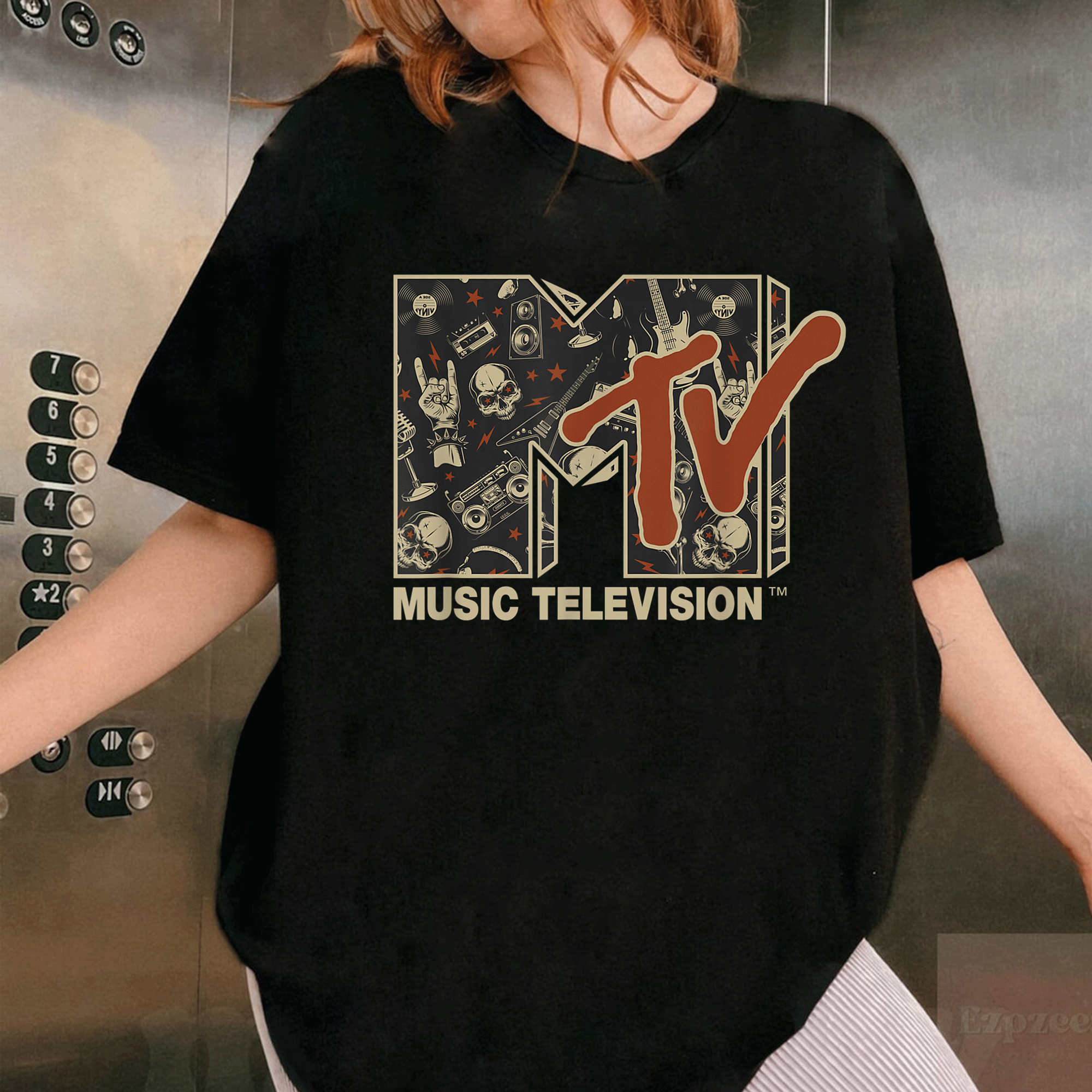 Mademark x MTV Vintage Skull Guitar T-Shirt for Rock Lovers, Heavy Metal Design, Perfect for Music Fans and Concerts - 1