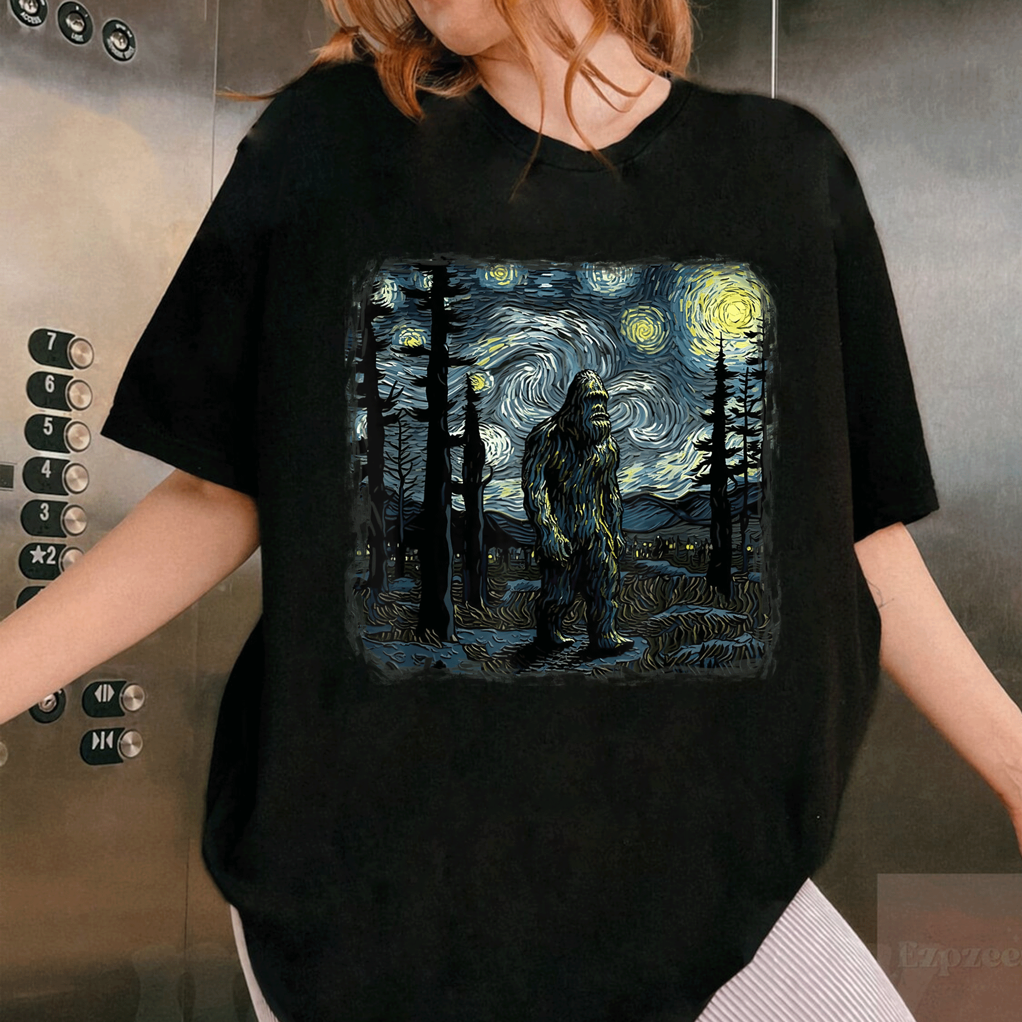 Bigfoot Starry Night T-Shirt - Unique Sasquatch Art Inspired by Van Gogh's Sky Painting for Nature Lovers - 1