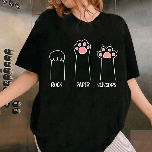 Cute Pink Paw Cat T-Shirt Featuring Rock Paper Scissors Hand Game Design - Fun and Playful Pet Lover Gift - 1