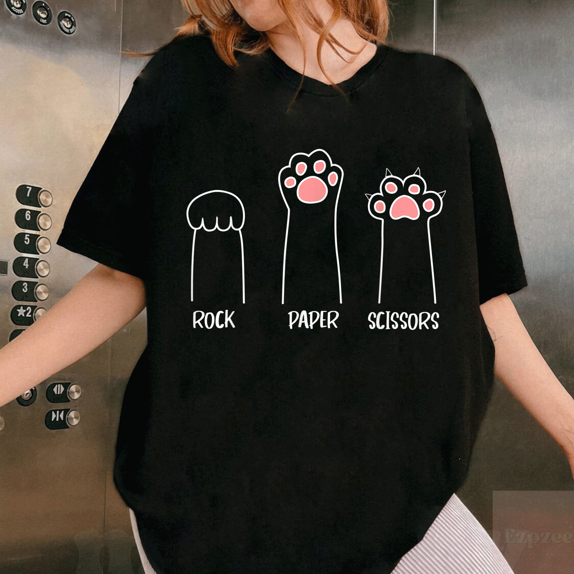 Cute Pink Paw Cat T-Shirt Featuring Rock Paper Scissors Hand Game Design - Fun and Playful Pet Lover Gift - 1