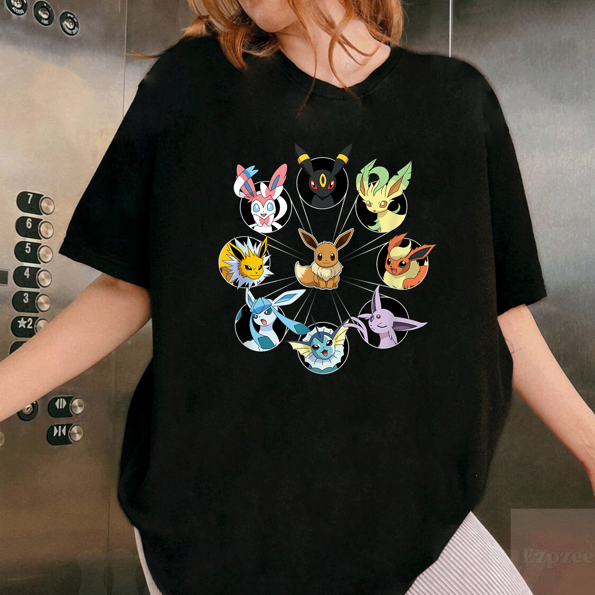 Eevee Evolution Circle T-Shirt for Pokémon Fans, Cute and Colorful Graphic Tee Featuring Eevee and Its Evolutions - 1