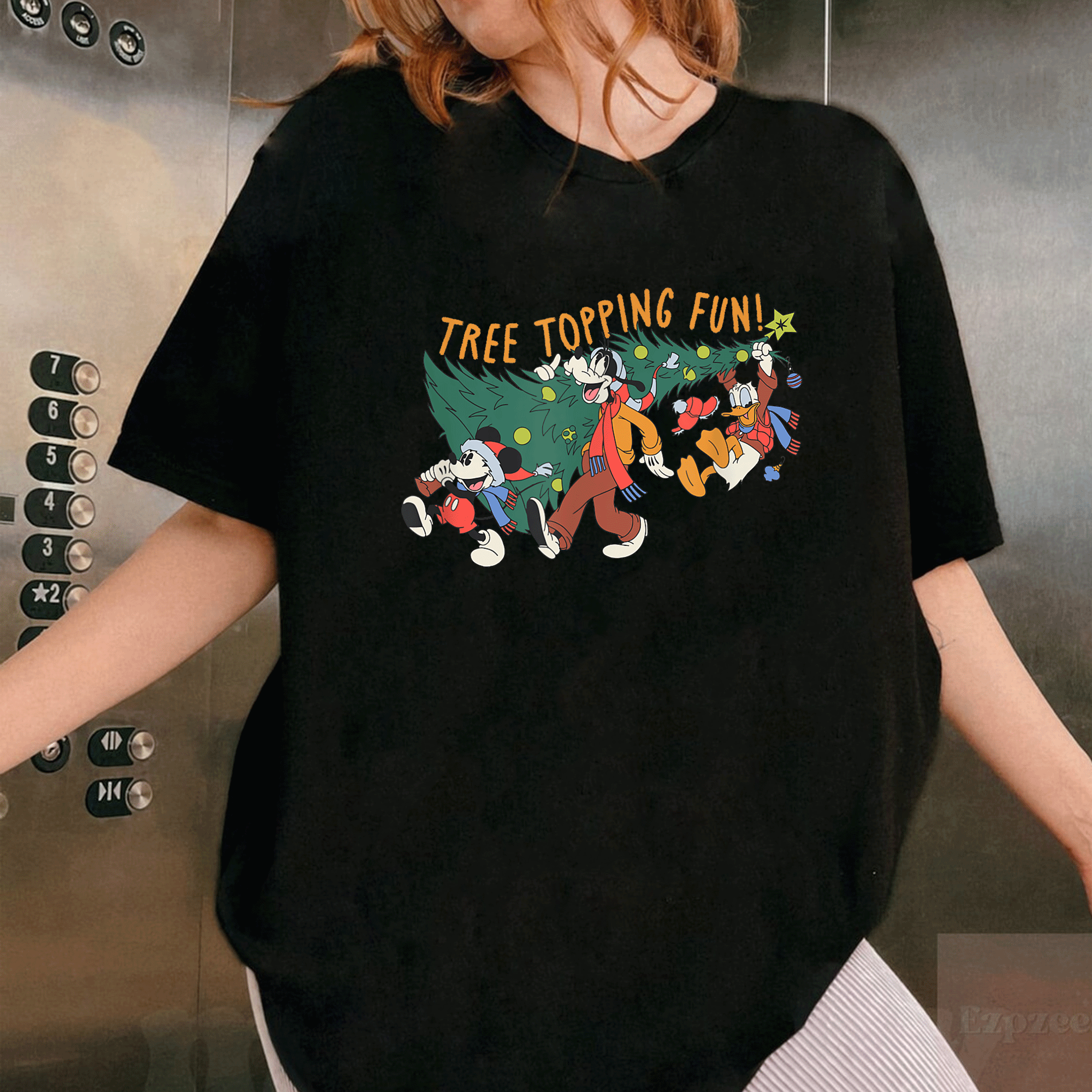 Mickey Mouse Goofy and Donald Christmas Tree Topping Fun T-Shirt for Festive Holiday Cheer and Disney Lovers - 1