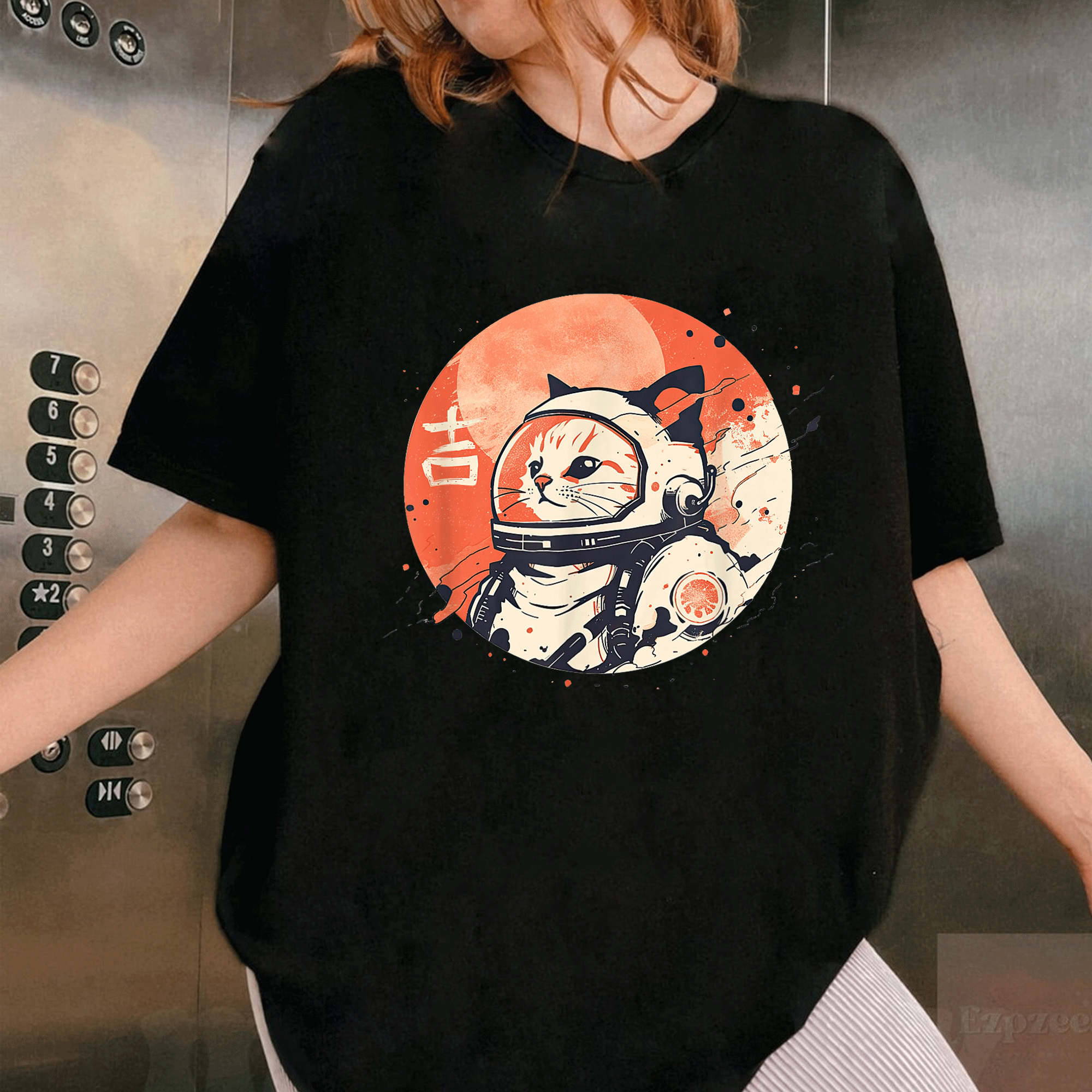 Japanese Minimalist 1950s Retro Space Cat Good Luck Kanji Graphic Tee for Cat Lovers, Unique Vintage Style T-Shirt - 1