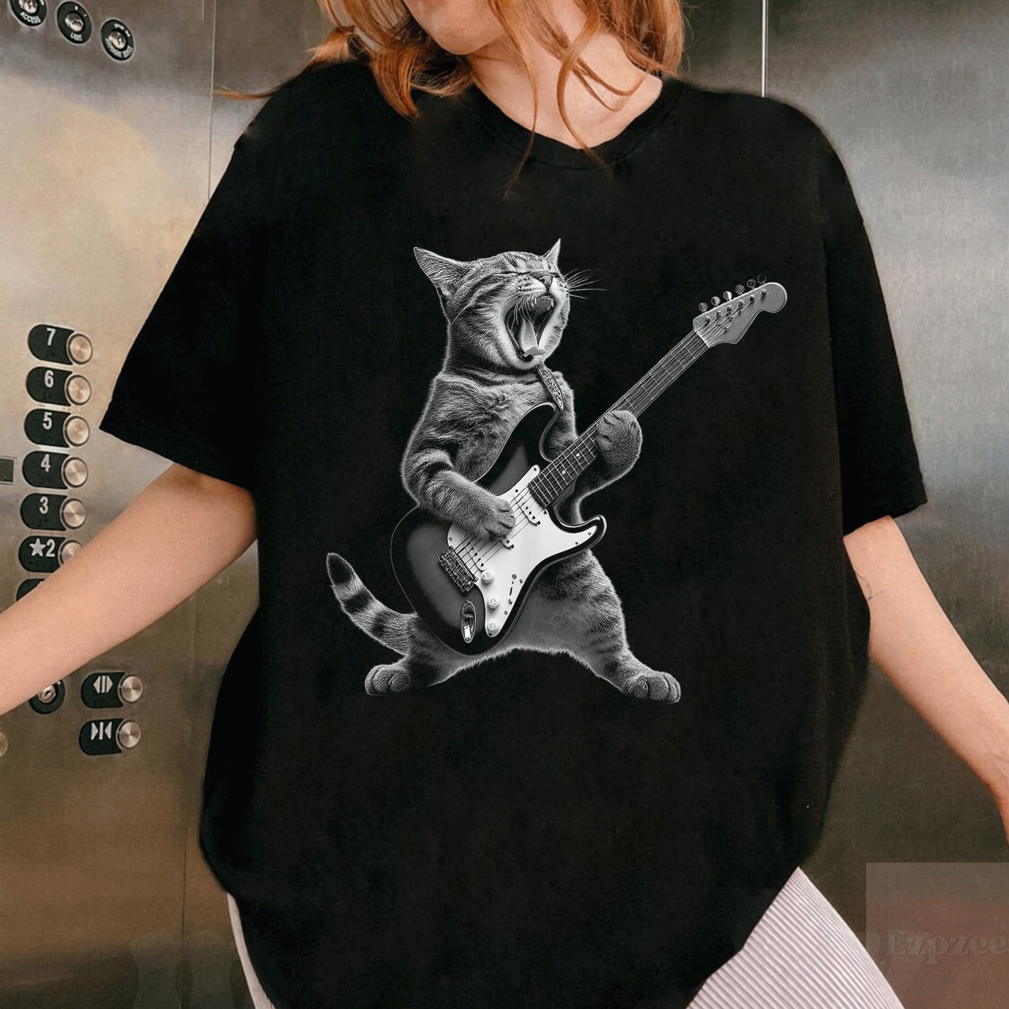 Cool Cat Playing Guitar T-Shirt for Men, Women, and Kids – Rock Star Vibes and Fun Rock and Roll Design for Music Lovers - 1