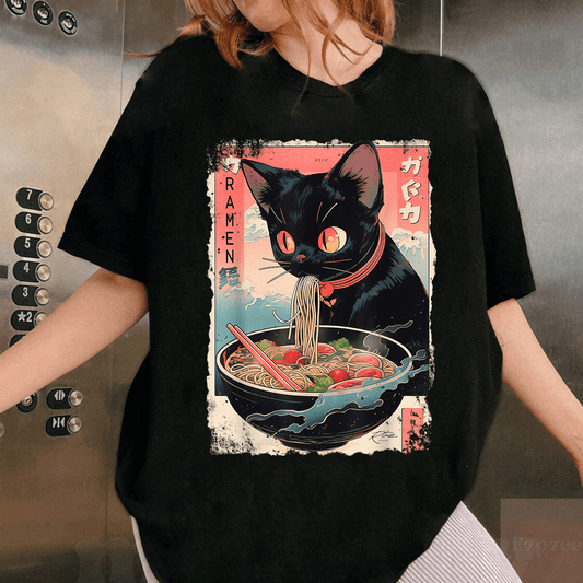 Adorable Cat Ramen Noodle T-Shirt for Anime and Manga Lovers - Cute Japanese Cat Design Perfect for Casual Wear and Gifts - 1