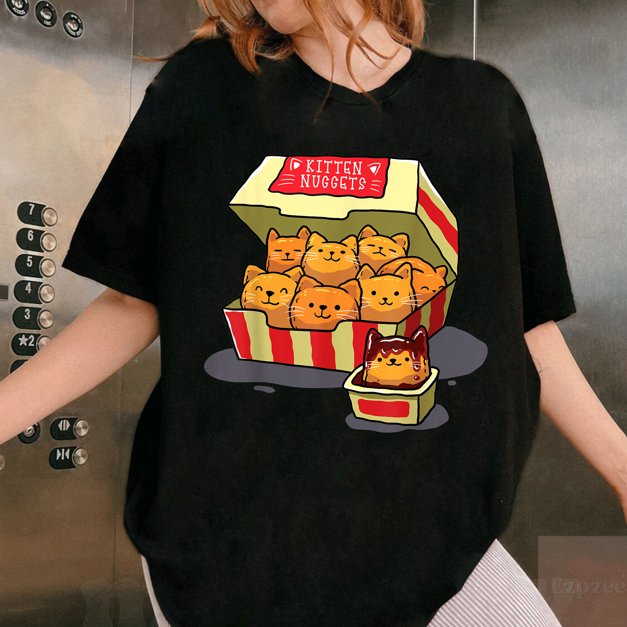 Funny Kitten Nuggets T-Shirt for Cat Lovers Adorable Food Pun Apparel Gift featuring Cute Cartoon Cat and Chicken Nuggets Design - 1