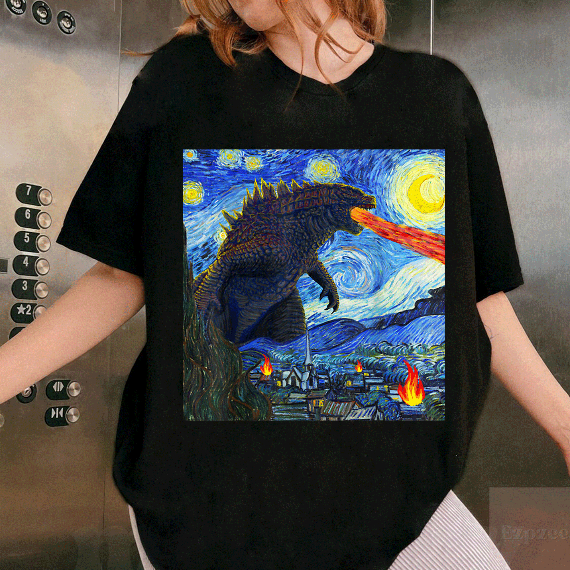 Vintage Japanese Kaiju Monster T-Shirt Featuring Van Gogh's Starry Night Artwork - Unique and Eye-Catching Design! - 1