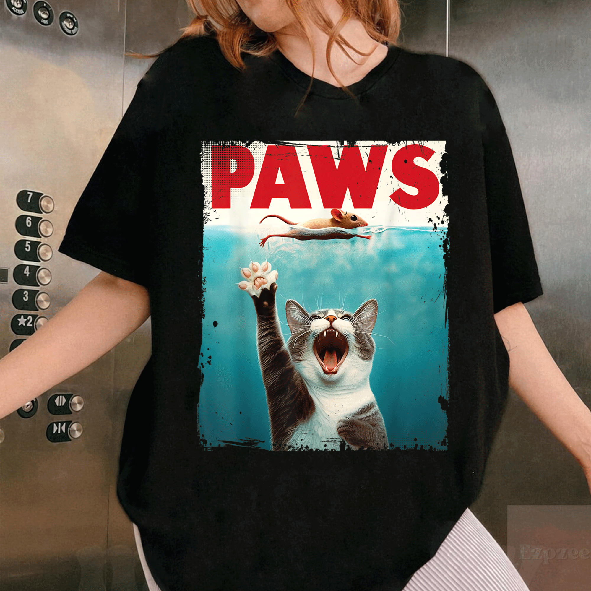 Humorous PAWS Parody Cat T-Shirt Featuring a Playful Kitten Chasing a Mouse - Perfect Gift for Cat Lovers! - 1