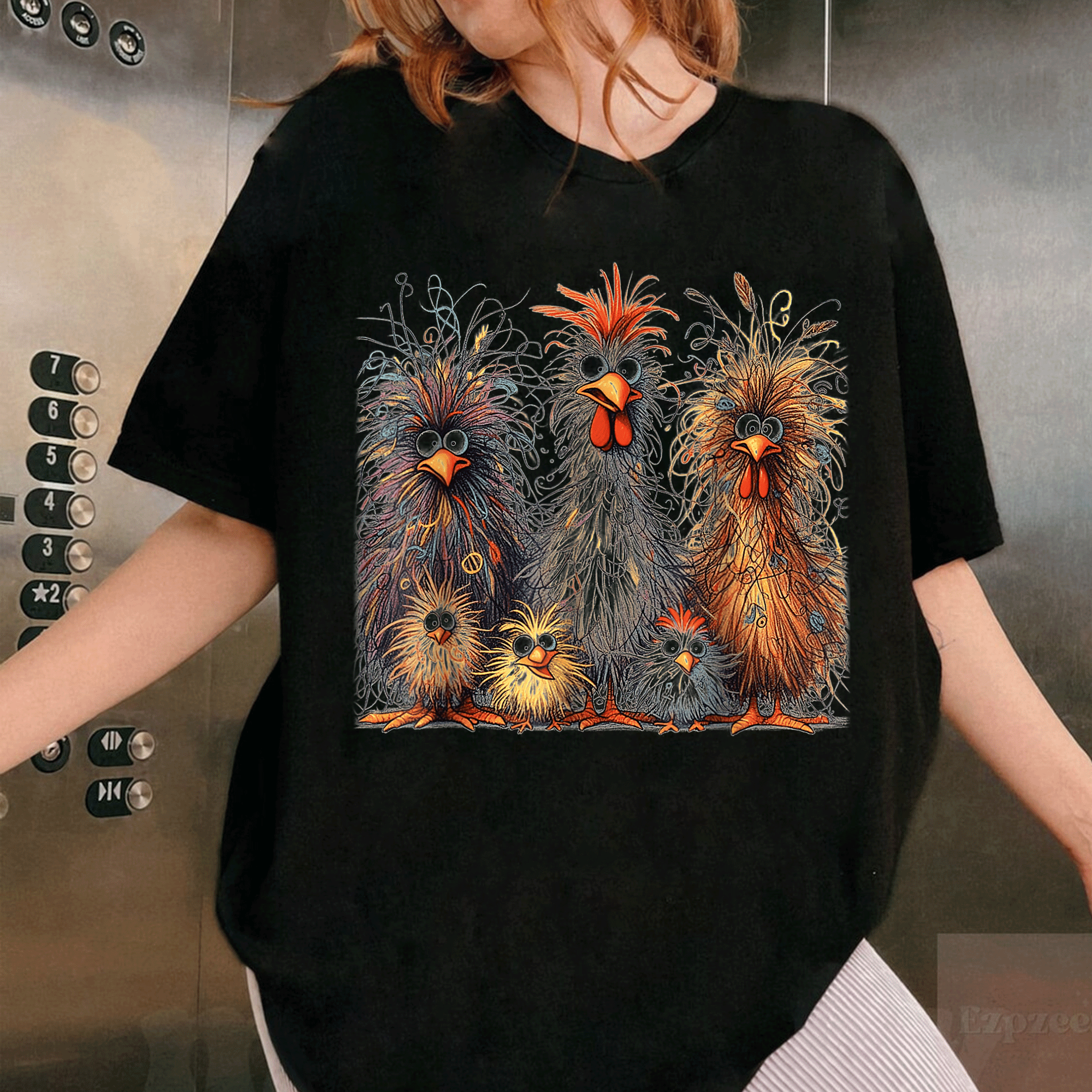 Eagerlys Colorful Funny Chicken Art T-Shirt Featuring a Crazy Chicken Family for Fun and Whimsical Style Lovers - 1