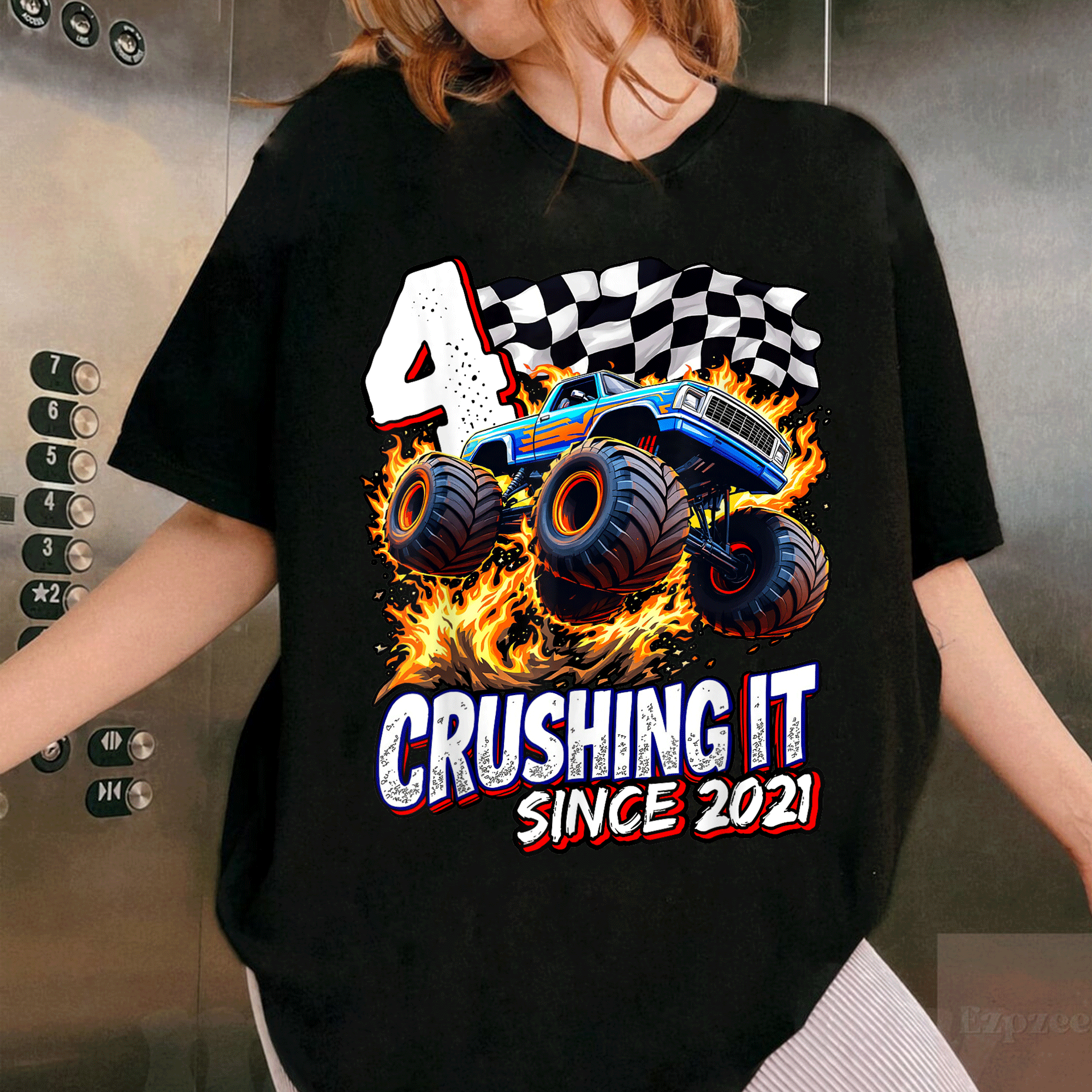 Birthday Monster Truck T-Shirt for 4 Year Old Boys - Fun 4th Birthday Gift for Kids Born in 2021 - Colorful and Playful Design - 1