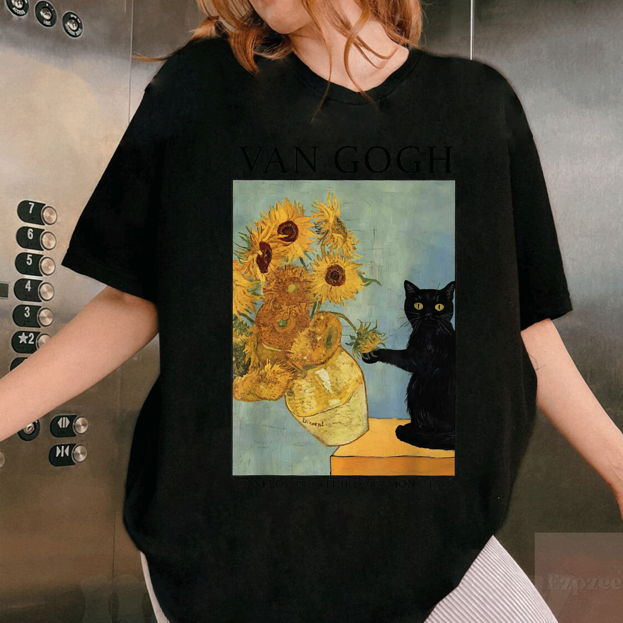 Funny Van Gogh-Inspired Black Cat T-Shirt with Vibrant Sunflowers - A Unique and Whimsical Gift for Cat Lovers - 1