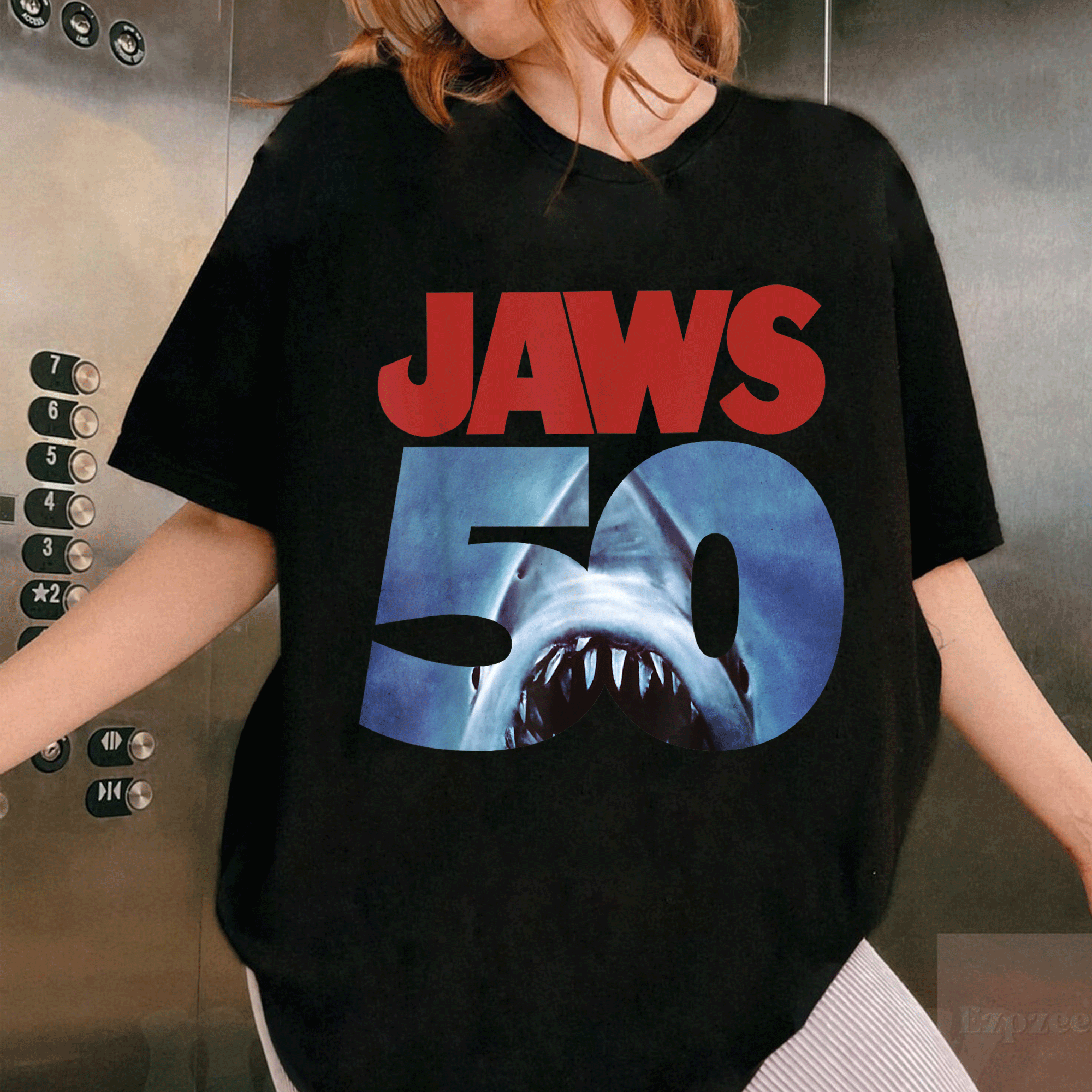 Celebrate 50 Years of Jaws with Our Exclusive Front and Back T-Shirt Featuring Iconic Anniversary Logo Design - 1