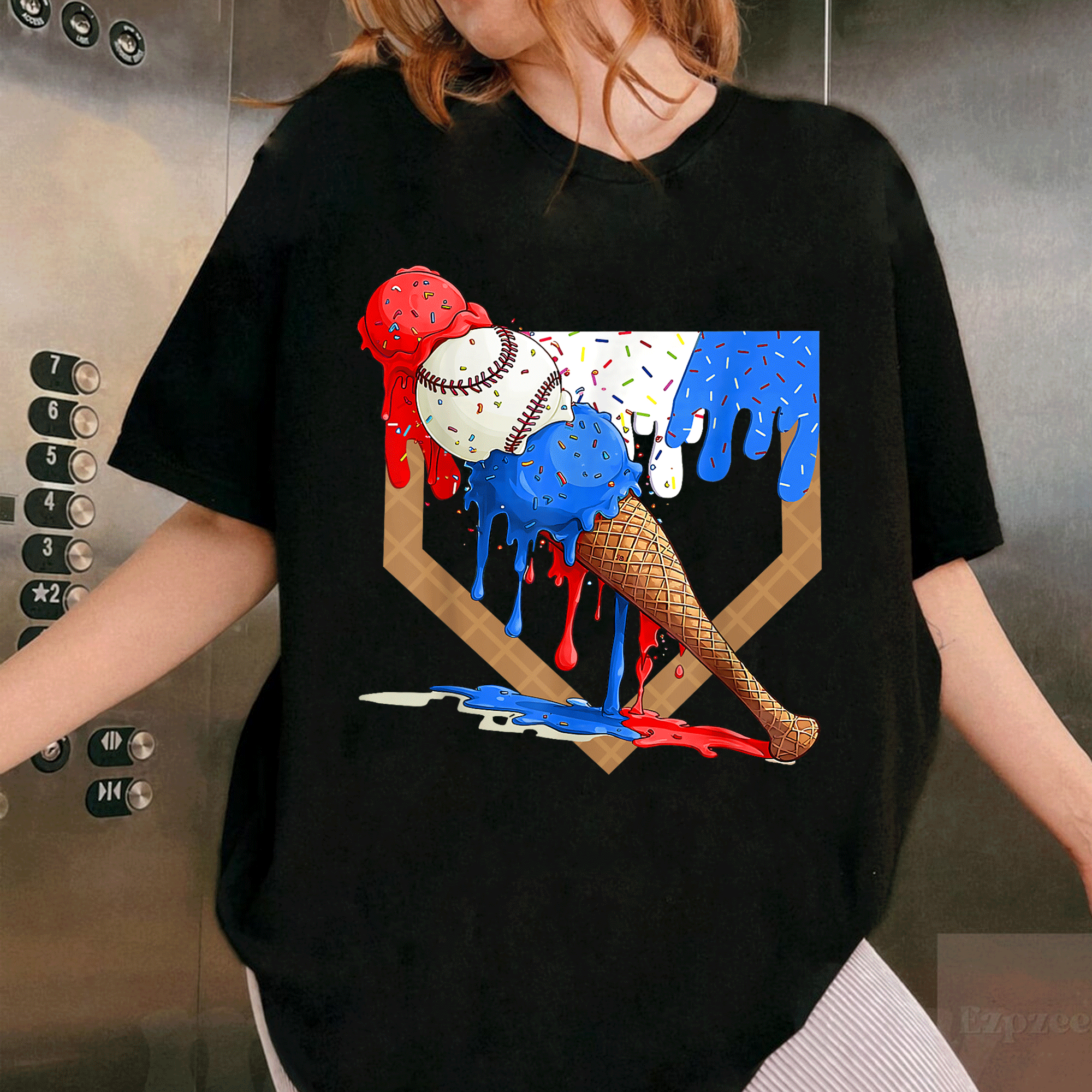 Celebrate in Style with our 4th of July Boys T-Shirt Featuring Red White and Blue Baseball Ice Cream Drip Design - 1