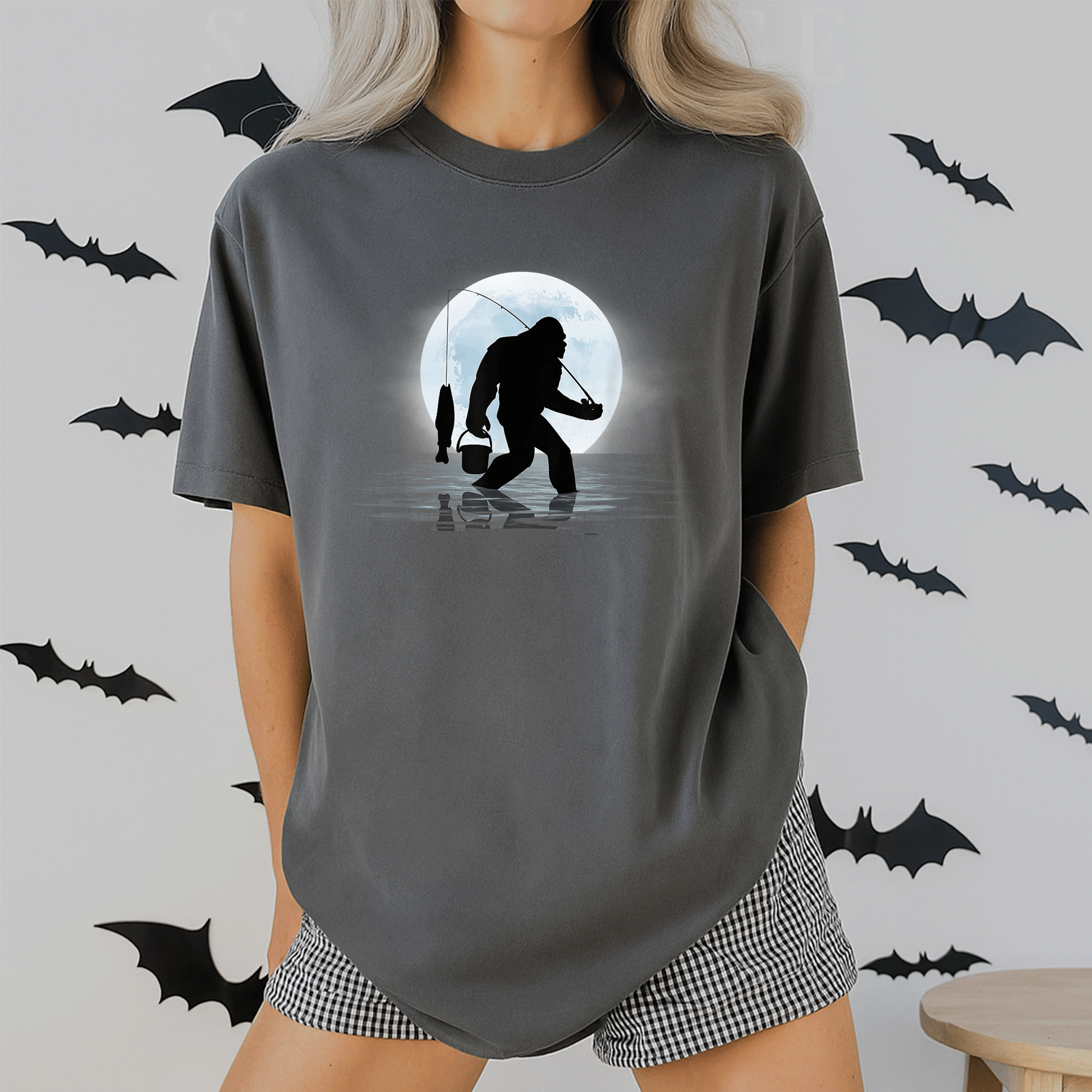 Funny Bigfoot Fishing Shirt for Night Fishing Lovers, Featuring Sasquatch and Fish - Great Gift for Anglers and Nature Fans! - 2