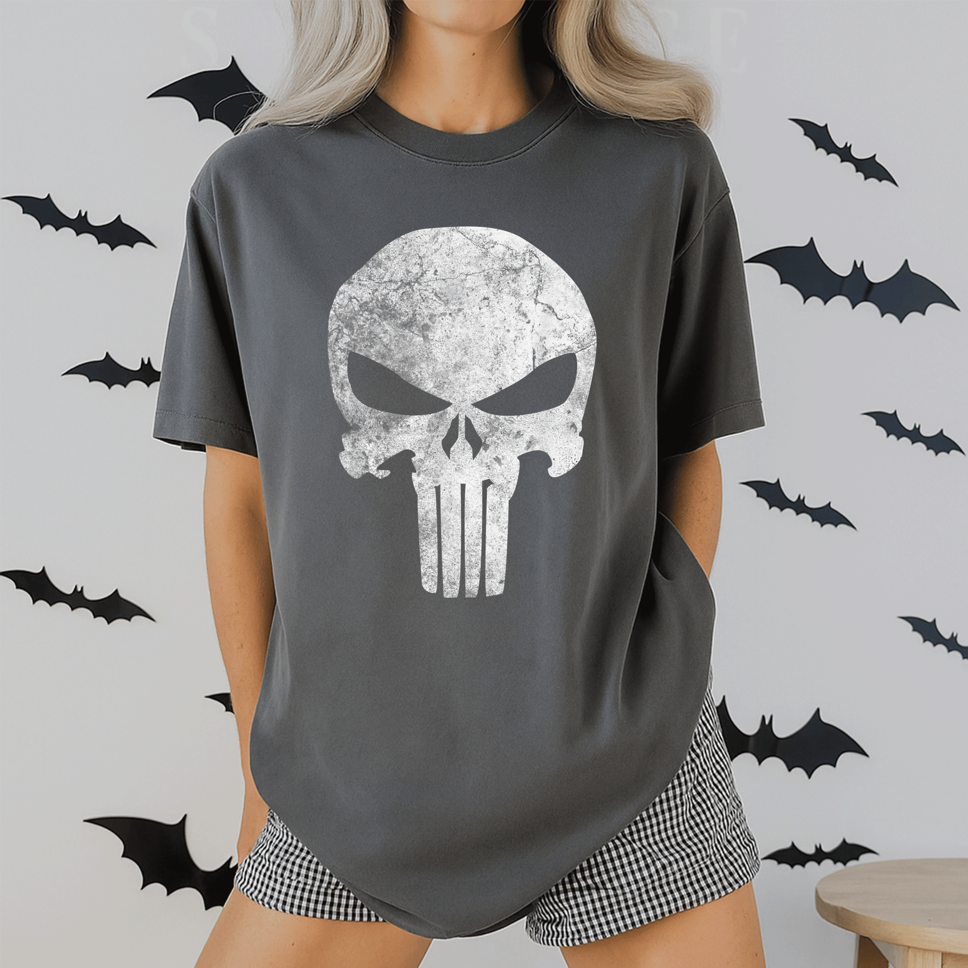 Stylish Marvel Punisher Skull Symbol Distressed Graphic T-Shirt for Fans - Perfect Gift for Comic Book Lovers and Casual Wear - 2