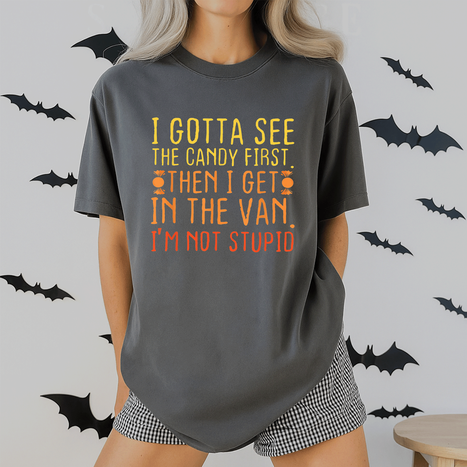I Gotta See The Candy First T-Shirt | Funny Creepy Adult Graphic Tee for Halloween Lovers and Trick-or-Treat Enthusiasts - 2