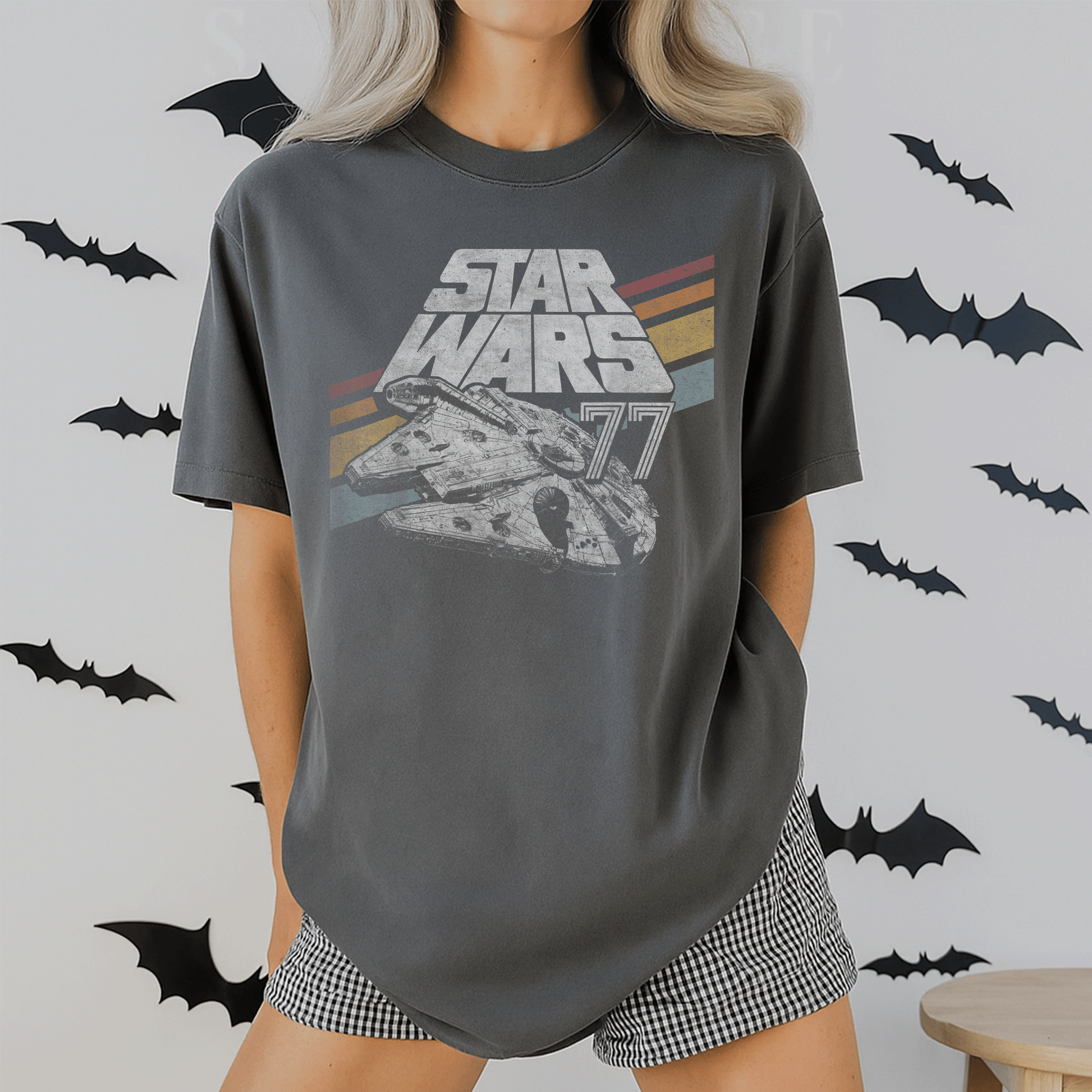 Retro Star Wars Millennium Falcon 77 T-Shirt with Stylish Diagonal Stripes – Perfect for Fans and Collectors! - 2