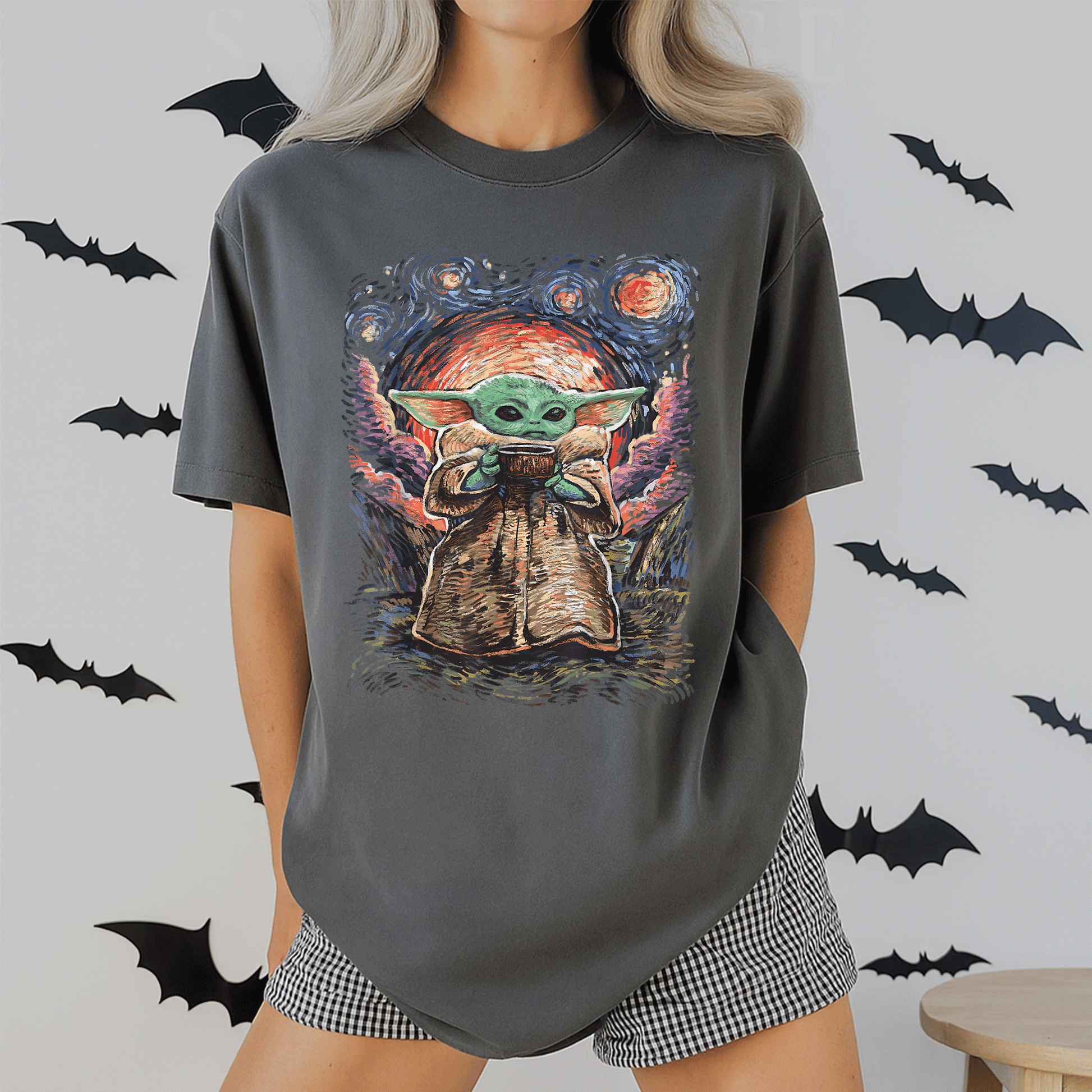 Star Wars The Child Starry Night T-Shirt featuring adorable Baby Yoda design for fans of all ages in soft, comfortable fabric - 2