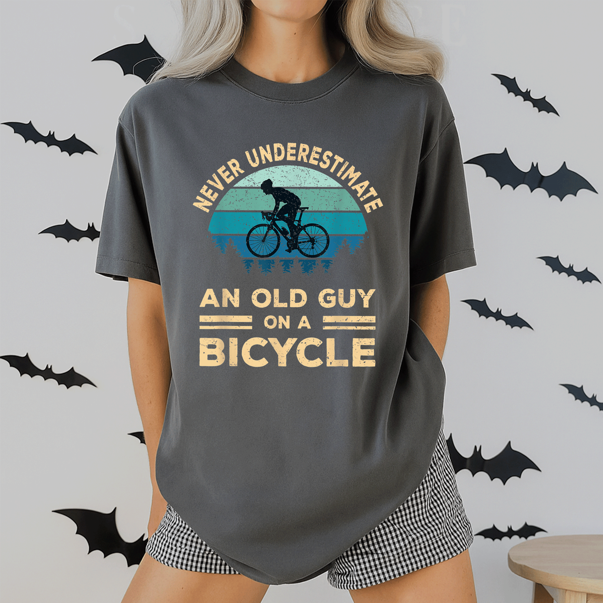 Funny Biker Dad T-Shirt Never Underestimate An Old Guy On A Bicycle Humorous Cycling Gift for Dads and Grandpas - 2