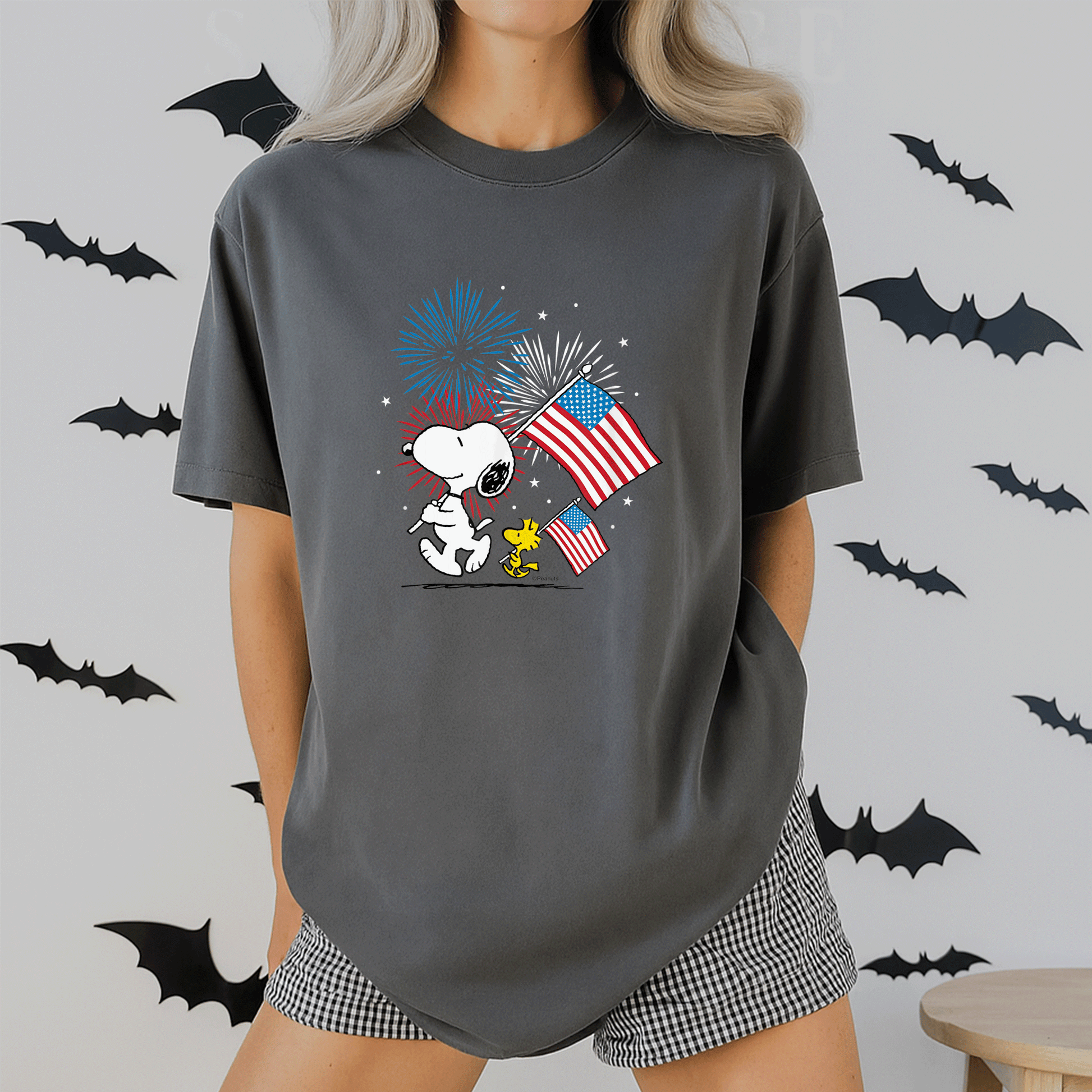 Snoopy and Woodstock American Flags T-Shirt - Fun Peanuts Graphic Tee for Casual Style and Fans of All Ages - 2