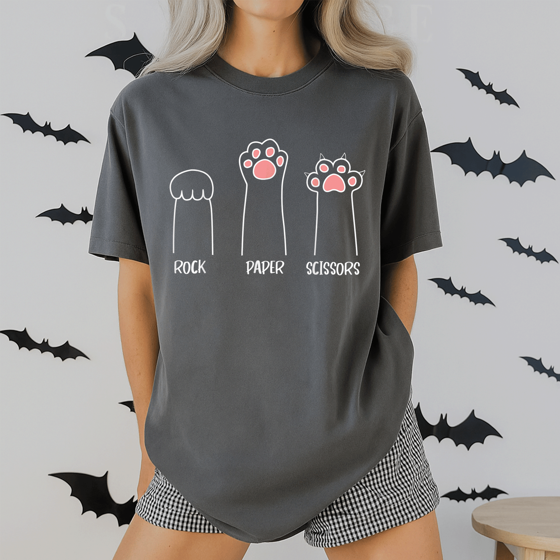 Cute Pink Paw Cat T-Shirt Featuring Rock Paper Scissors Hand Game Design - Fun and Playful Pet Lover Gift - 2