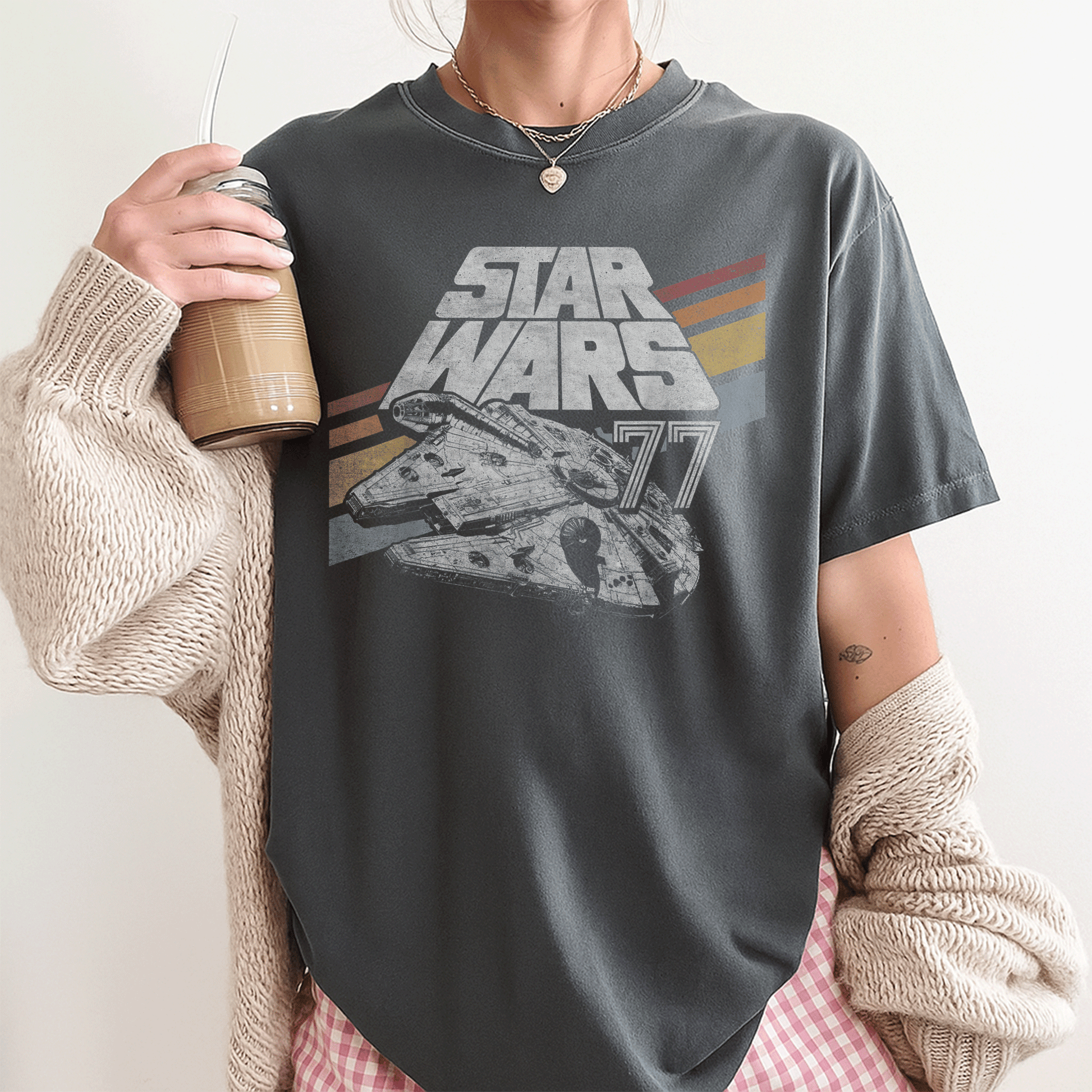 Retro Star Wars Millennium Falcon 77 T-Shirt with Stylish Diagonal Stripes – Perfect for Fans and Collectors! - 3
