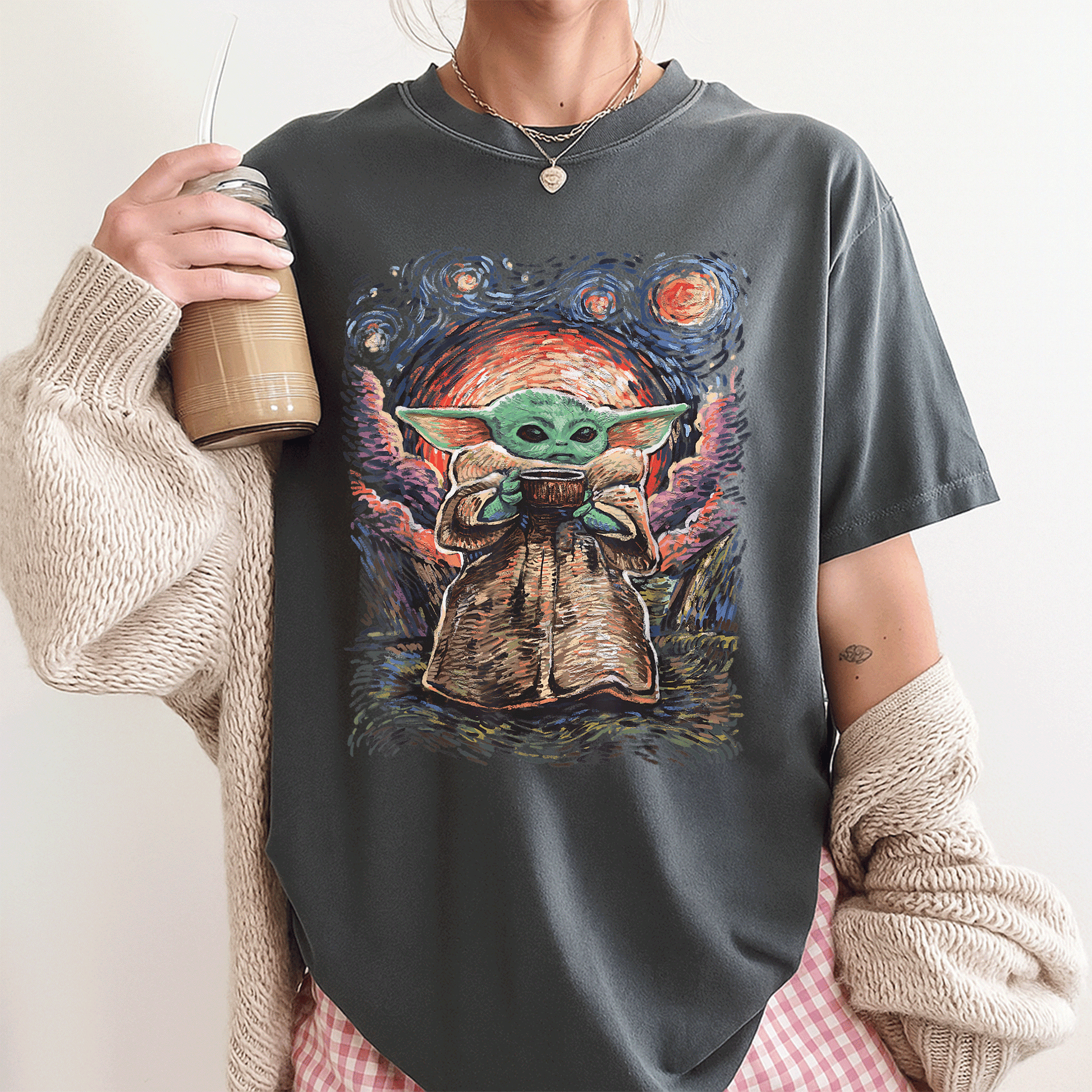 Star Wars The Child Starry Night T-Shirt featuring adorable Baby Yoda design for fans of all ages in soft, comfortable fabric - 3