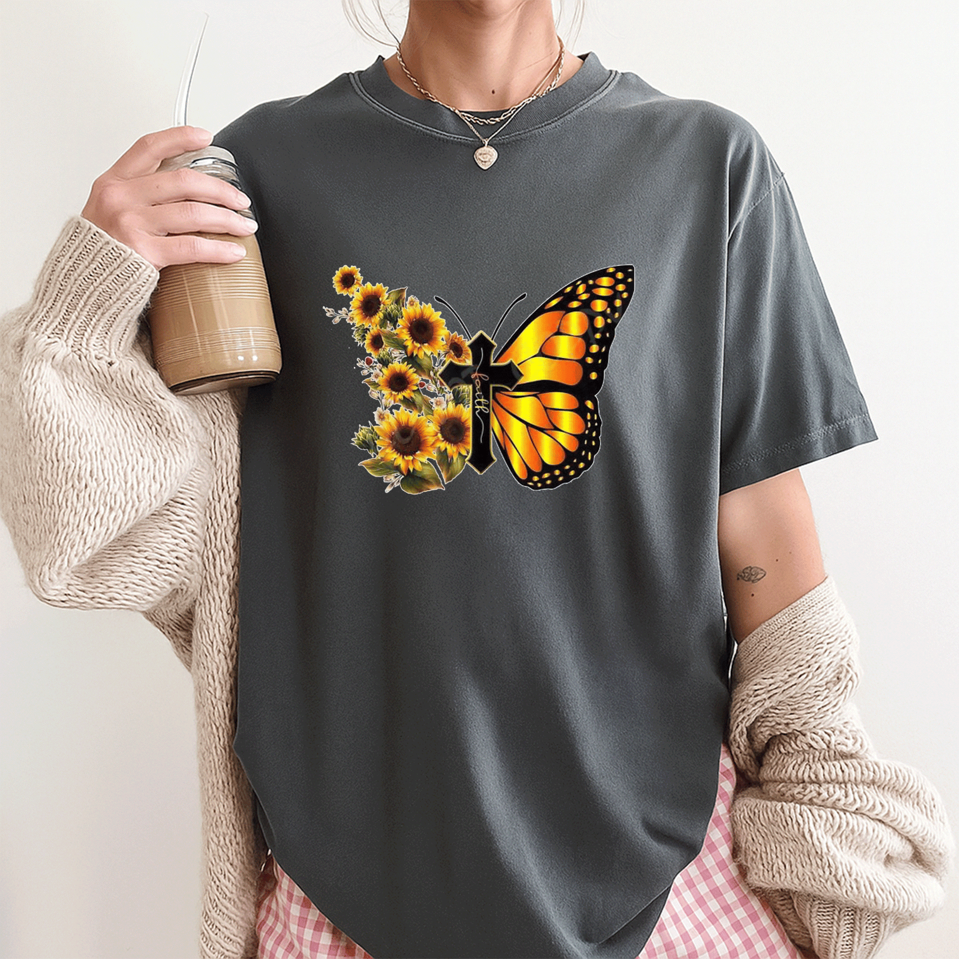Sunflower Butterfly Faith T-Shirt for Women - Inspirational Floral Graphic Tee - Perfect Gift for Nature Lovers - 3