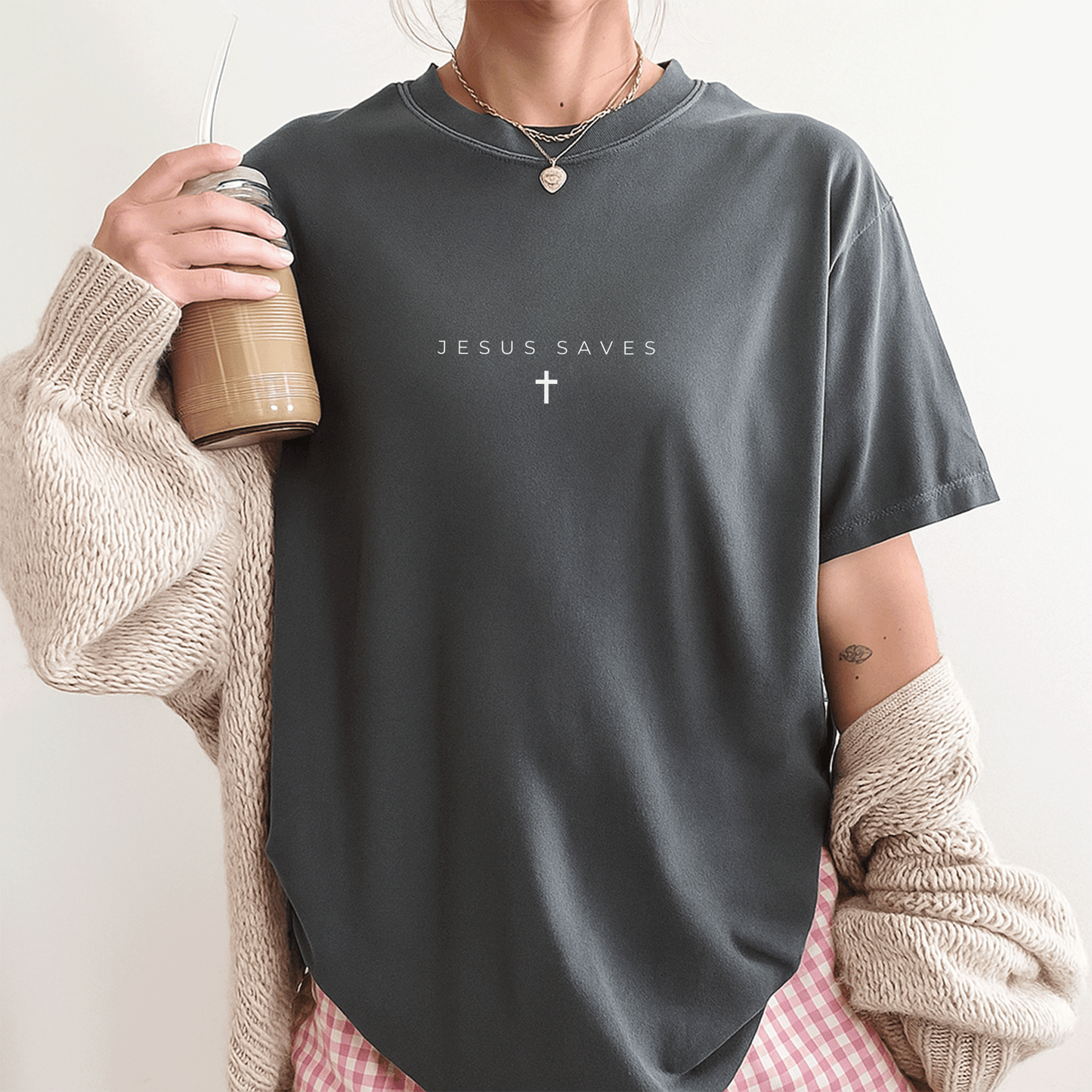 Subtle Jesus Saves Cross T-Shirt for Christians - Minimalist Religious Faith Apparel - Perfect Gift for Believers - 3