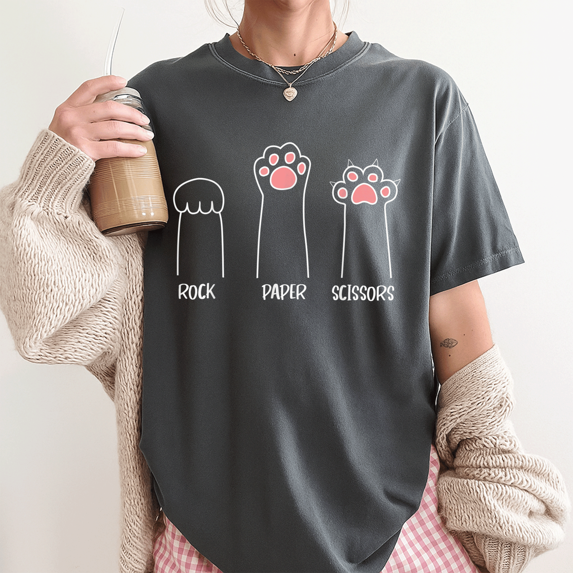 Cute Pink Paw Cat T-Shirt Featuring Rock Paper Scissors Hand Game Design - Fun and Playful Pet Lover Gift - 3
