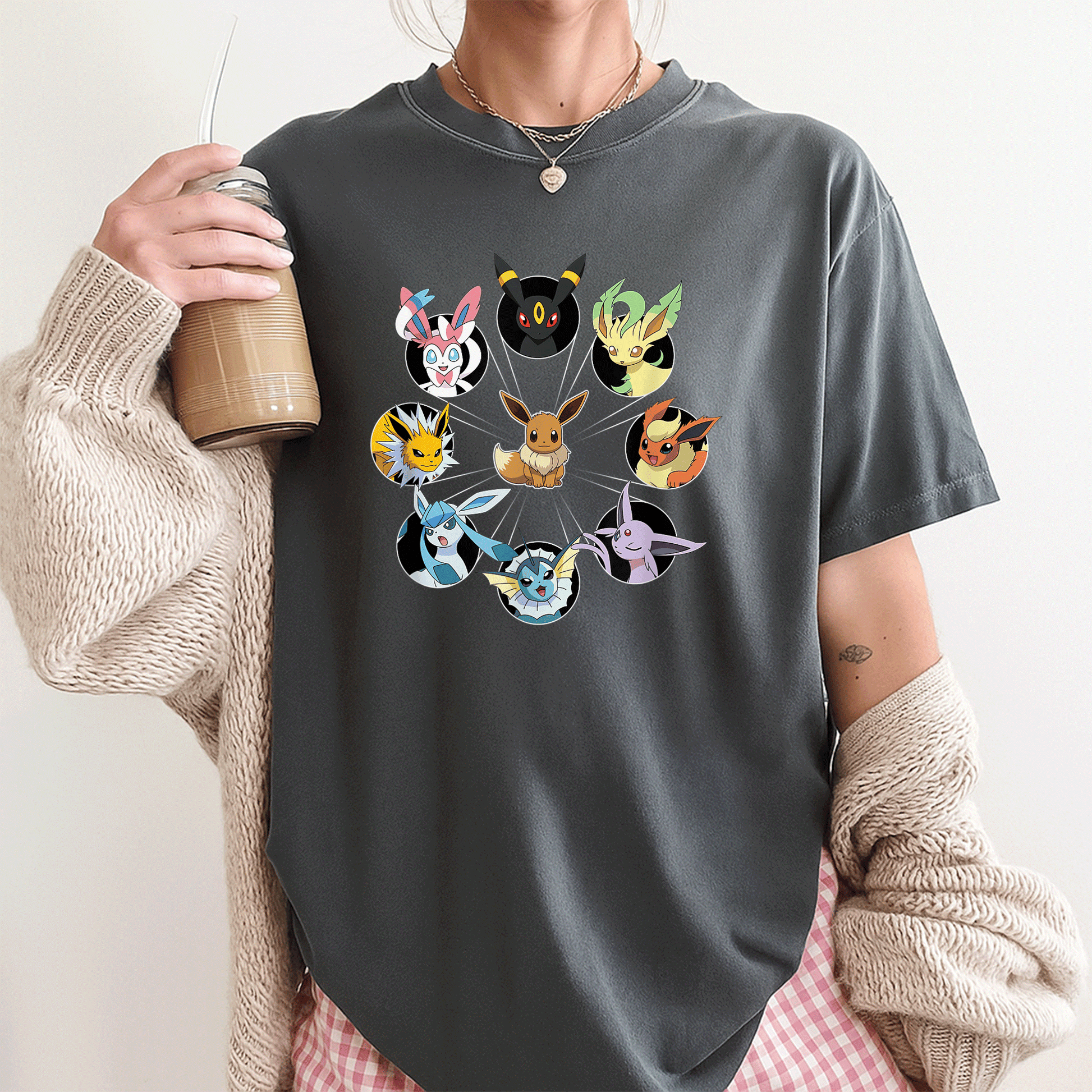 Eevee Evolution Circle T-Shirt for Pokémon Fans, Cute and Colorful Graphic Tee Featuring Eevee and Its Evolutions - 3