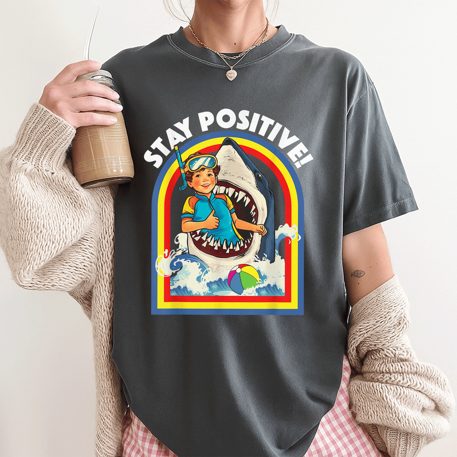 Stay Positive Shark Lover T-Shirt for Ocean and Sea Animal Enthusiasts, Perfect Gift for Wildlife Lovers - 3