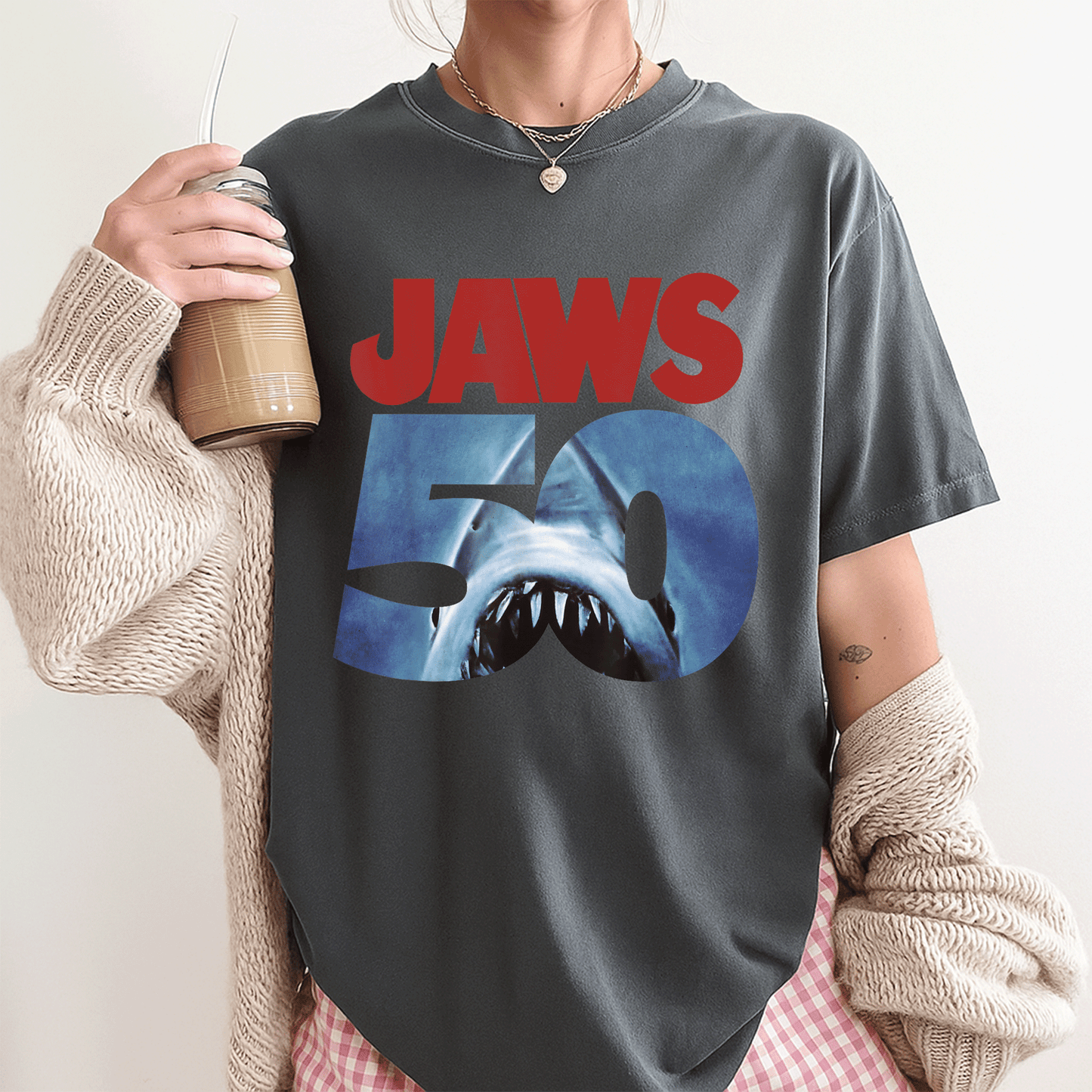 Celebrate 50 Years of Jaws with Our Exclusive Front and Back T-Shirt Featuring Iconic Anniversary Logo Design - 3