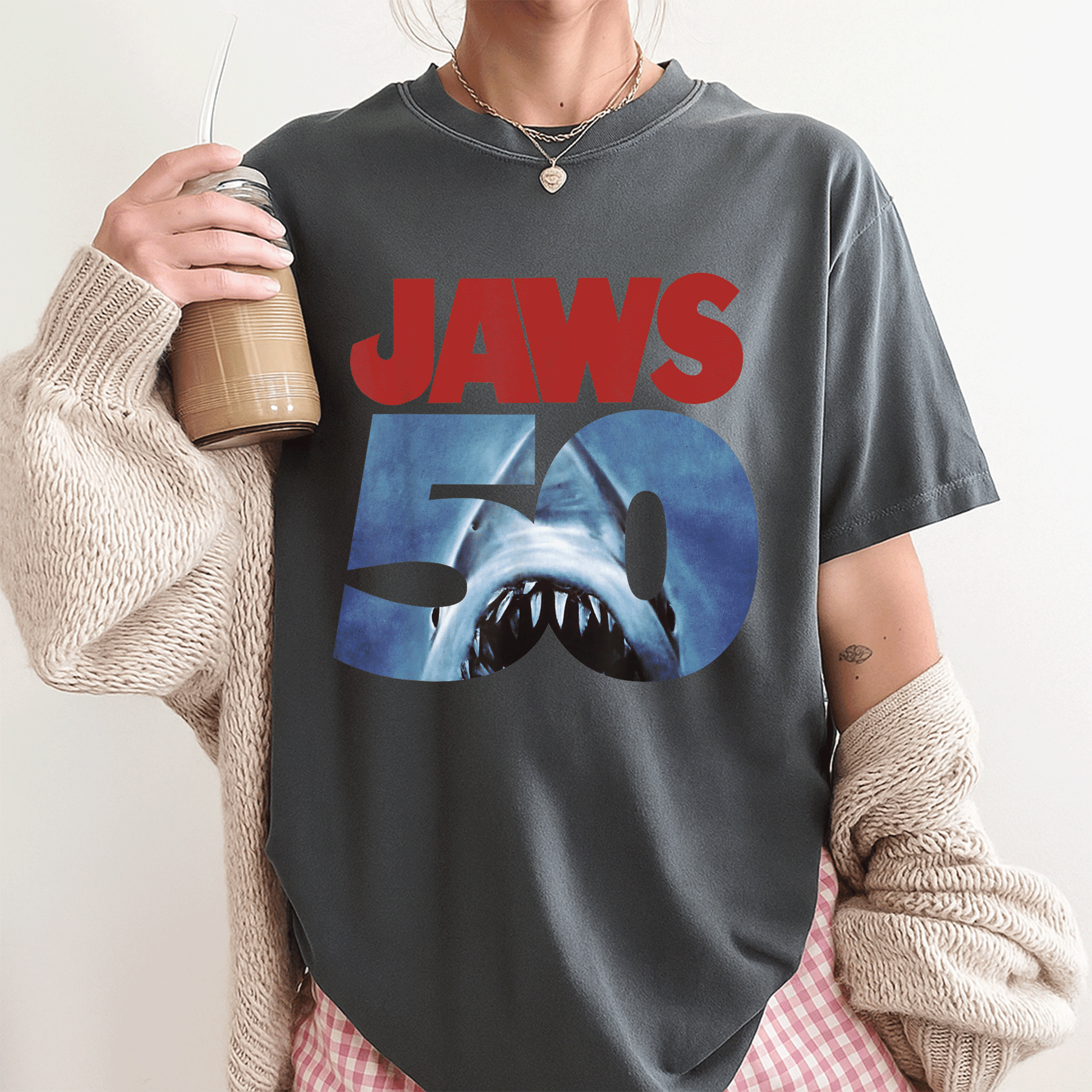 Celebrate 50 Years of Jaws with Our Exclusive Front and Back T-Shirt Featuring Iconic Anniversary Logo Design - 3
