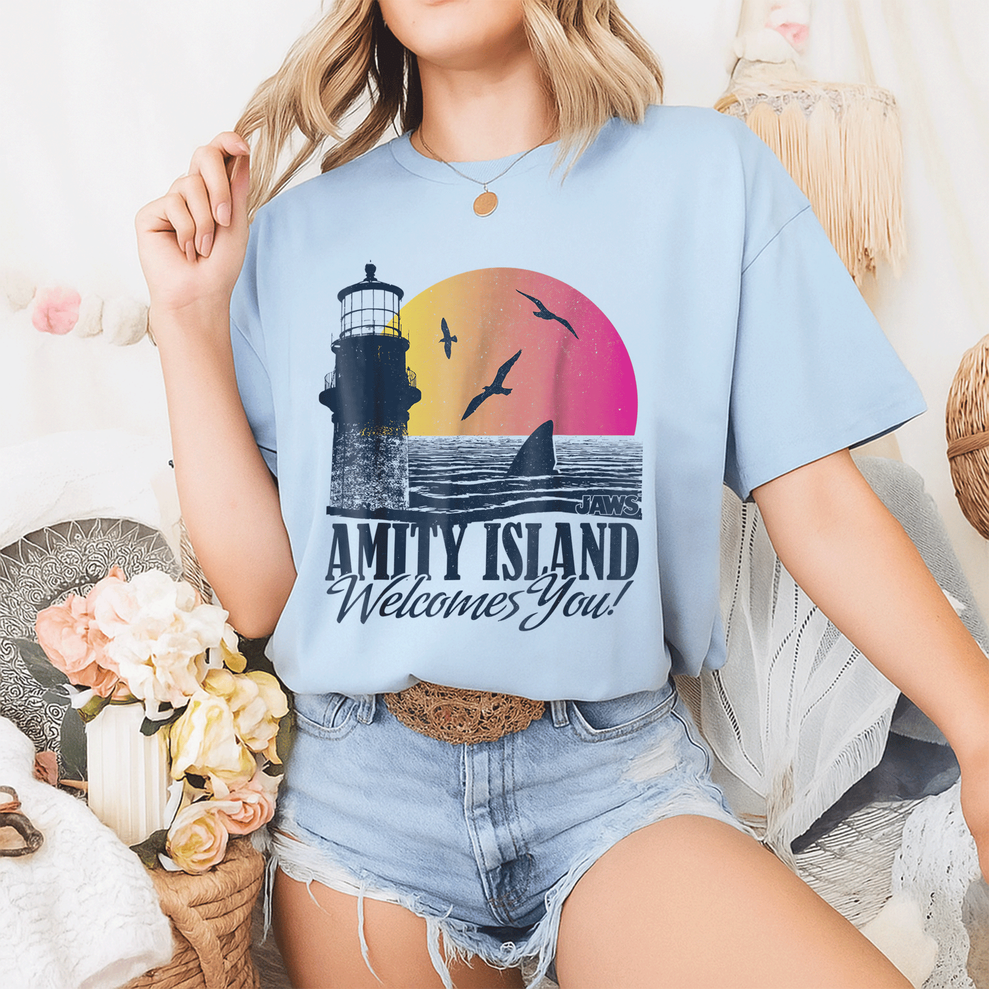 Jaws Sunset Amity Island Graphic T-Shirt Embrace the Beach Vibes in Style Perfect for Horror and Movie Fans - 2