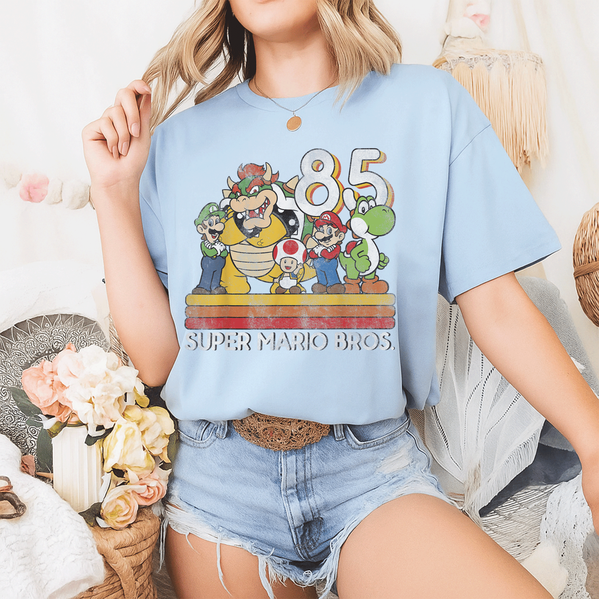Nintendo Super Mario Retro Character Graphic T-Shirt Unleash Nostalgia with Iconic Mario and Friends Retro Design - 2