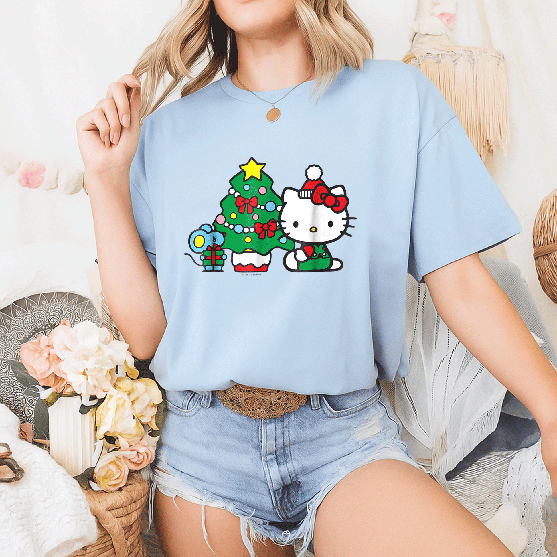 Cute Hello Kitty Christmas Tree Tee Shirt Festive Holiday Apparel for Kids and Adults - Perfect for Family Celebrations - 2