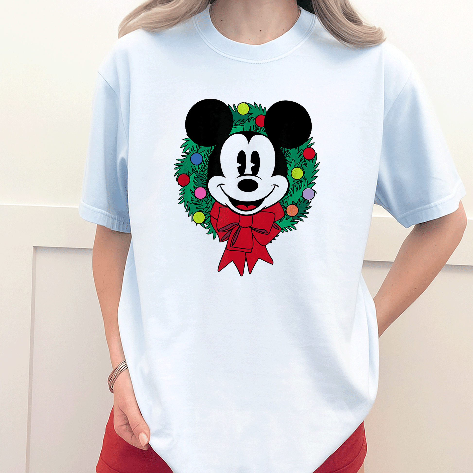 Cozy Up with Amazon Essentials Mickey Mouse Festive Holiday Christmas Wreath T-Shirt Perfect for Celebrating the Season - 3