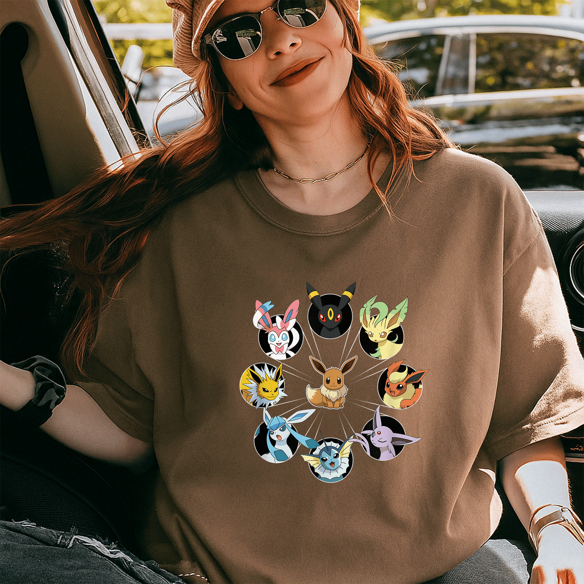 Eevee Evolution Circle T-Shirt for Pokémon Fans, Cute and Colorful Graphic Tee Featuring Eevee and Its Evolutions - 5