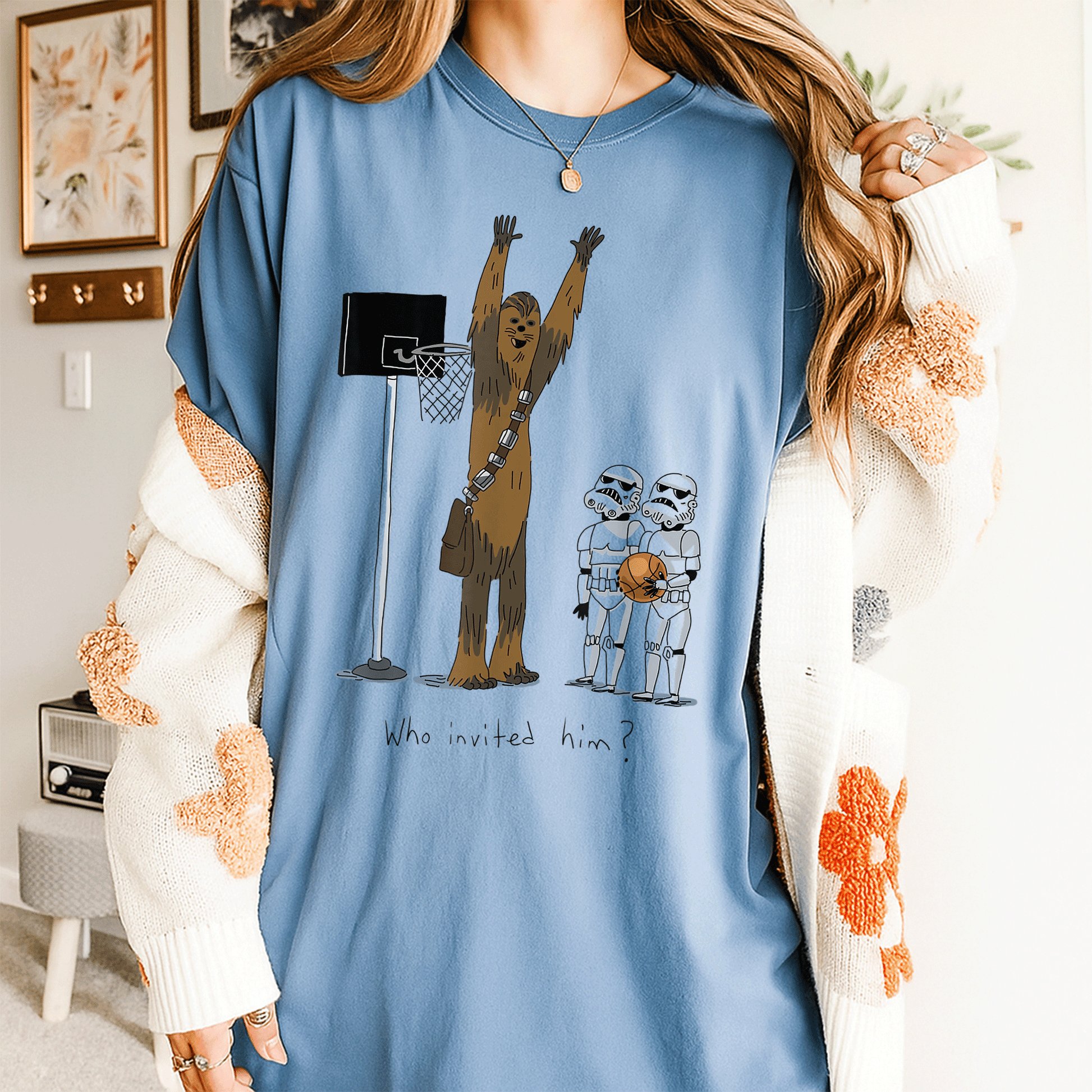 Star Wars Chewbacca Basketball Who Invited Him T-Shirt Fun Graphic Tee for Fans of Chewy and Sports Enthusiasts - 4