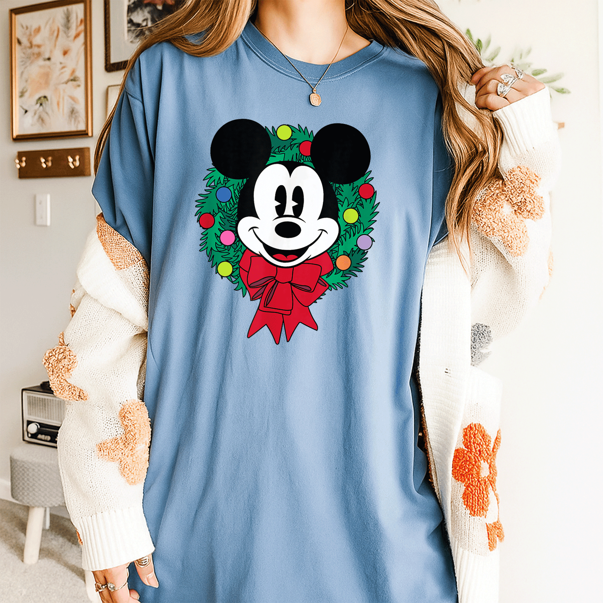 Cozy Up with Amazon Essentials Mickey Mouse Festive Holiday Christmas Wreath T-Shirt Perfect for Celebrating the Season - 4