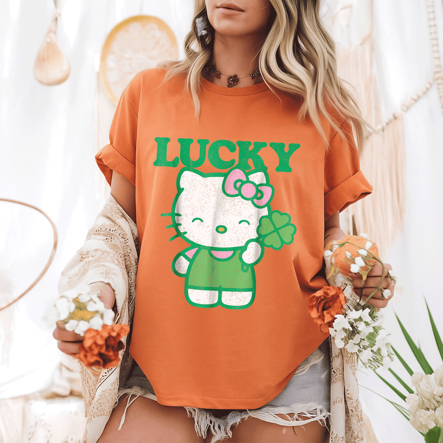 Cute Hello Kitty Lucky Clover Tee Shirt - Adorable Design Featuring Lucky Clover and Hello Kitty for Kids and Adults - 6